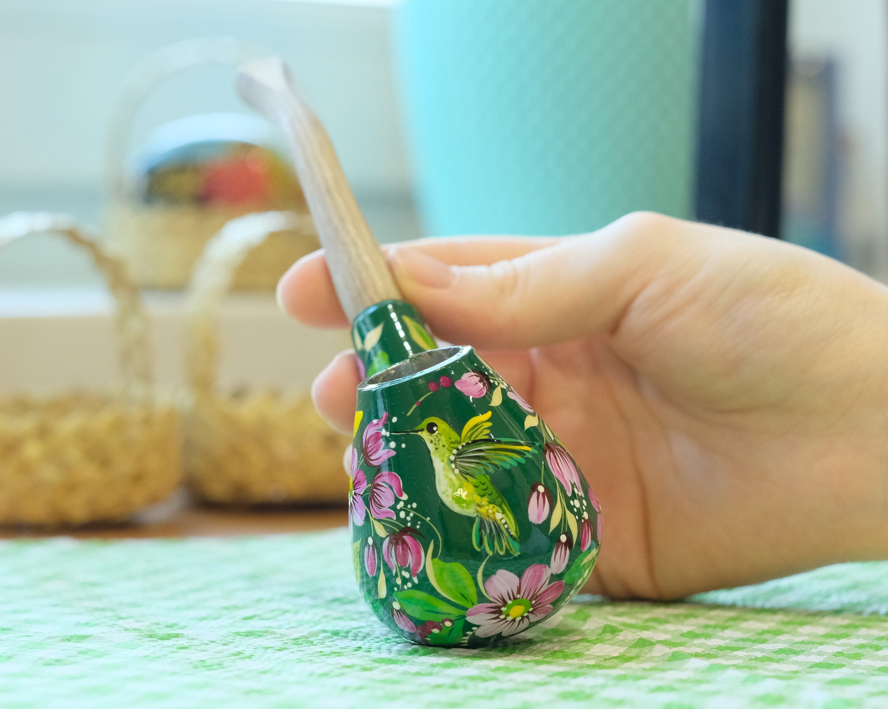 Wooden Smoking Pipe - Painted Green Hummingbird Tobaco Pipe with Ukrainian Folk Art Petrykivka