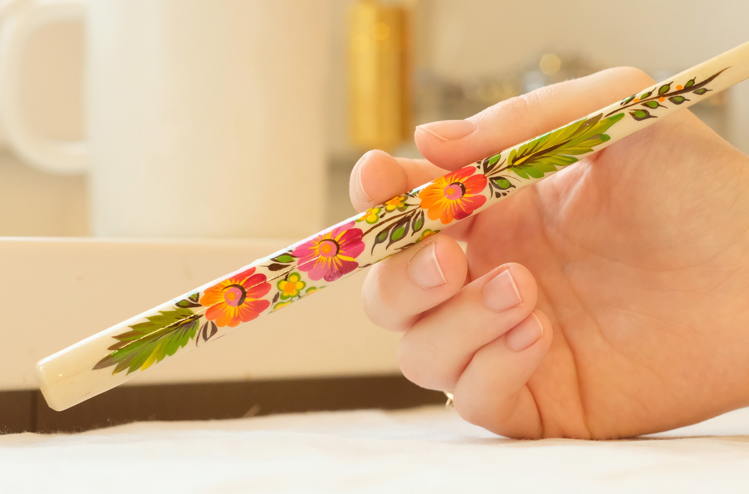 Extra long regular cigarette holder 9.1"/23 cm - Hand-painted wooden orange flower cigarette holder with Ukrainian Petrykivka art