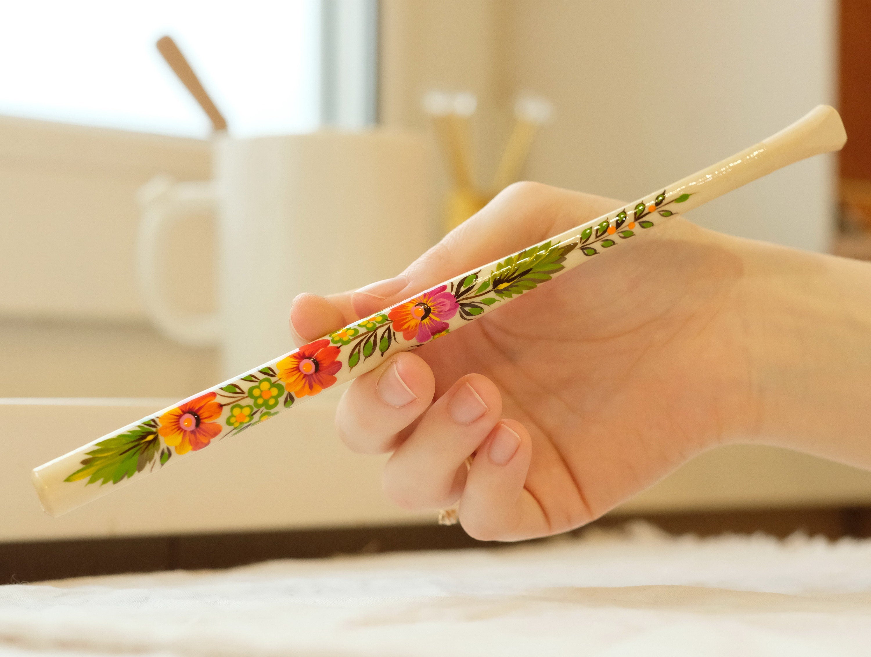 Extra long regular cigarette holder 9.1"/23 cm - Hand-painted wooden orange flower cigarette holder with Ukrainian Petrykivka art