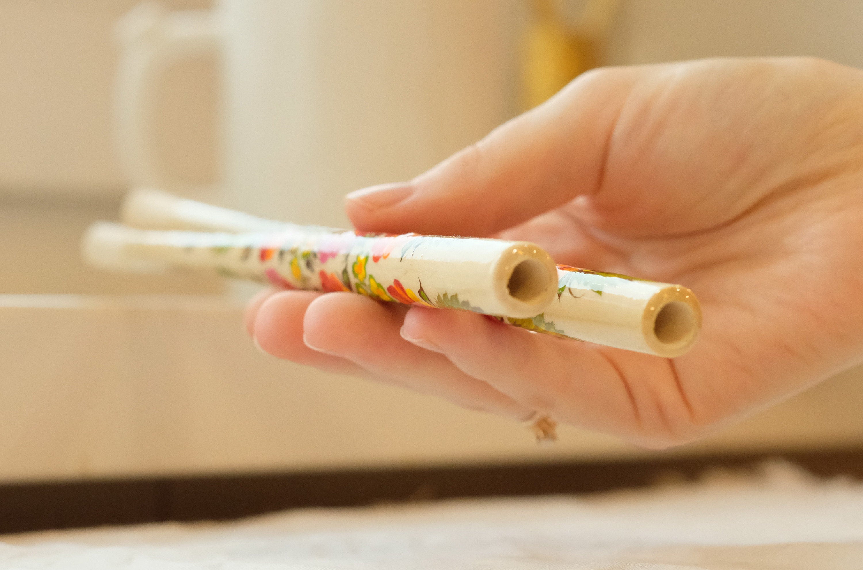 Extra long regular cigarette holder 9.1"/23 cm - Hand-painted wooden orange flower cigarette holder with Ukrainian Petrykivka art