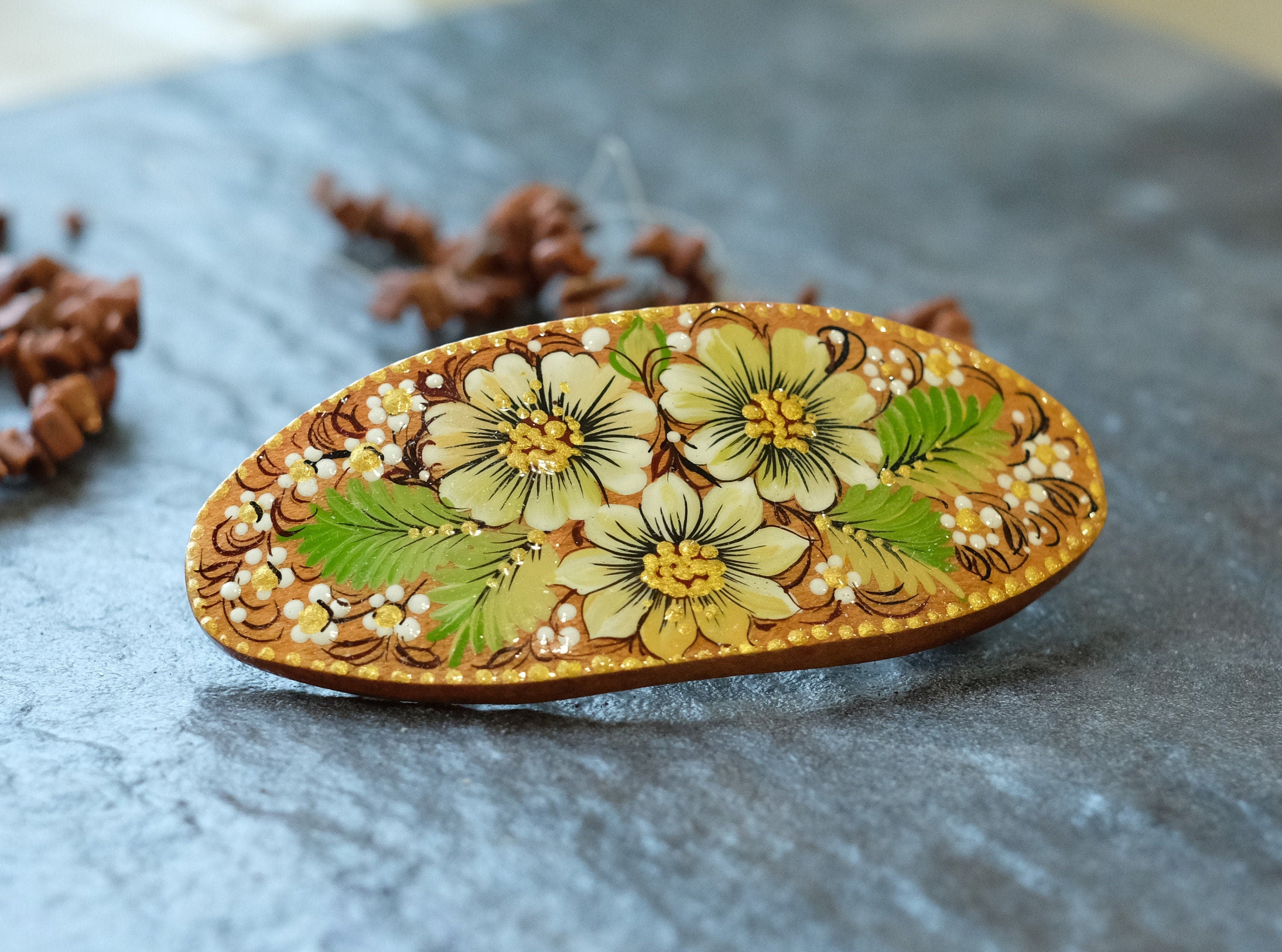 Painted Wooden Oval Hair Barrette - Artisanal Petrykivka Art Green Flower French Barrette Hair Clip