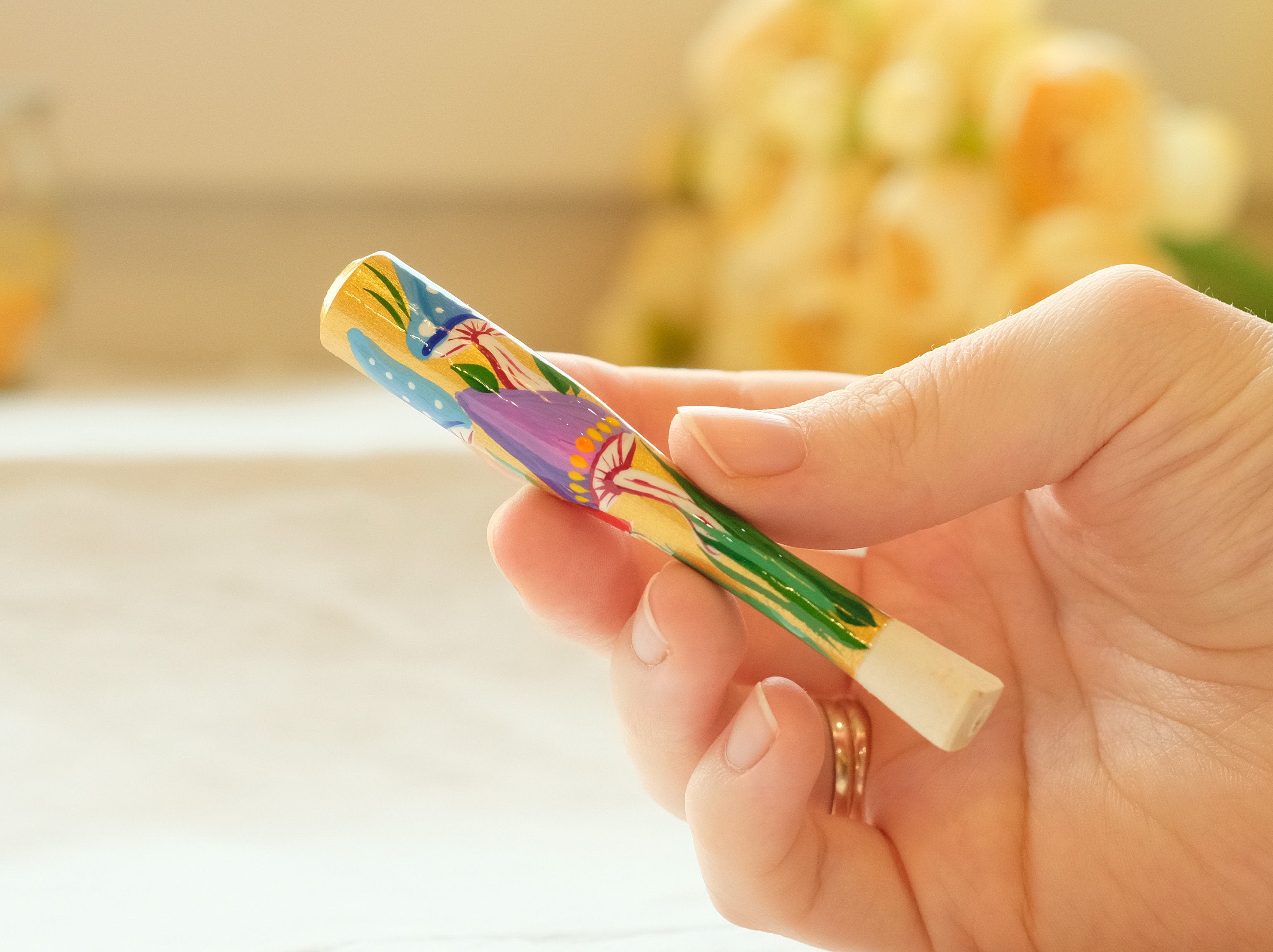 Regular Wooden Mushroom Cigarette Holder - Painted With Ukrainian Folk Art Petrykivka