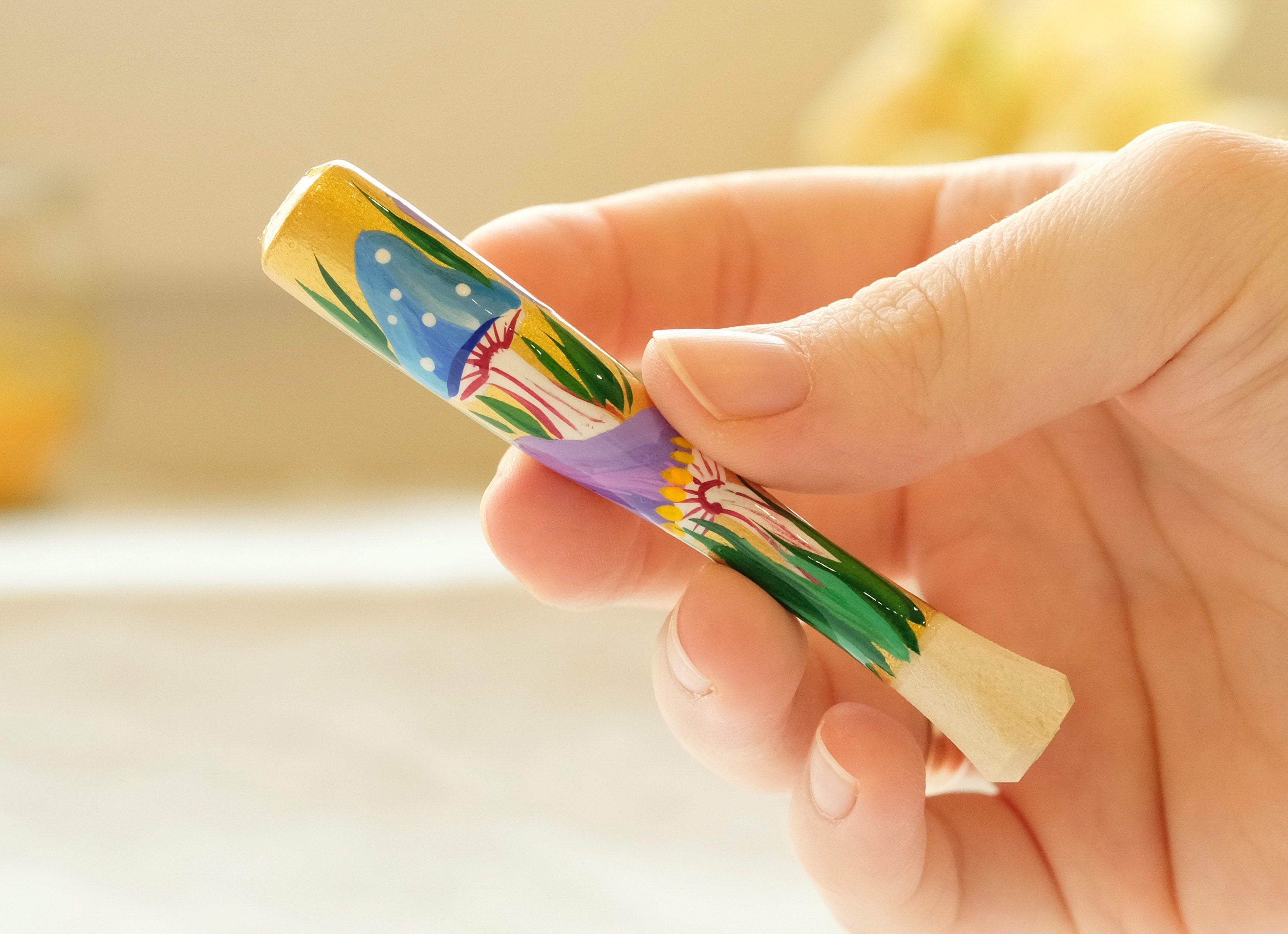 Regular Wooden Mushroom Cigarette Holder - Painted With Ukrainian Folk Art Petrykivka