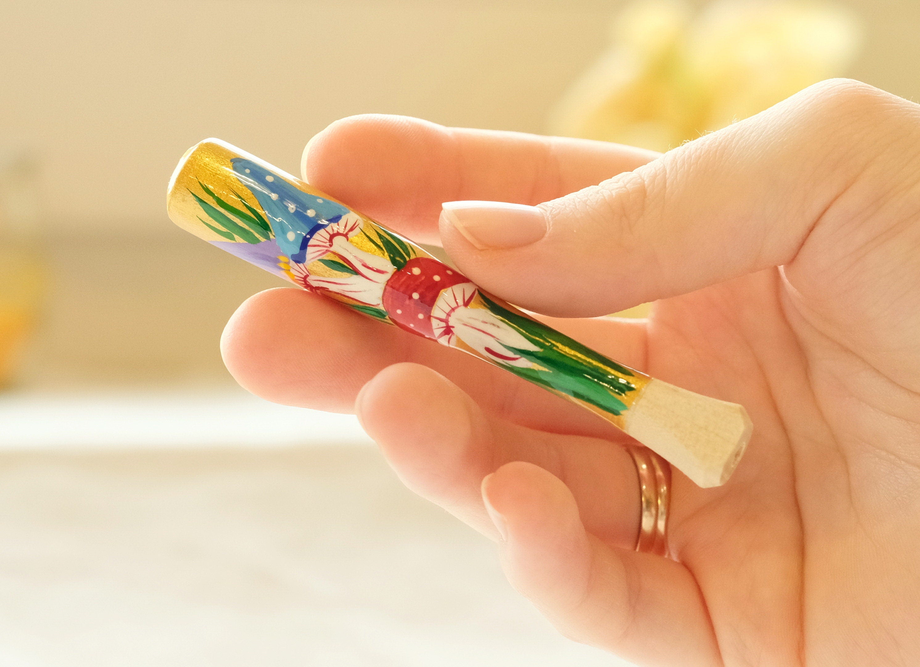 Regular Wooden Mushroom Cigarette Holder - Painted With Ukrainian Folk Art Petrykivka