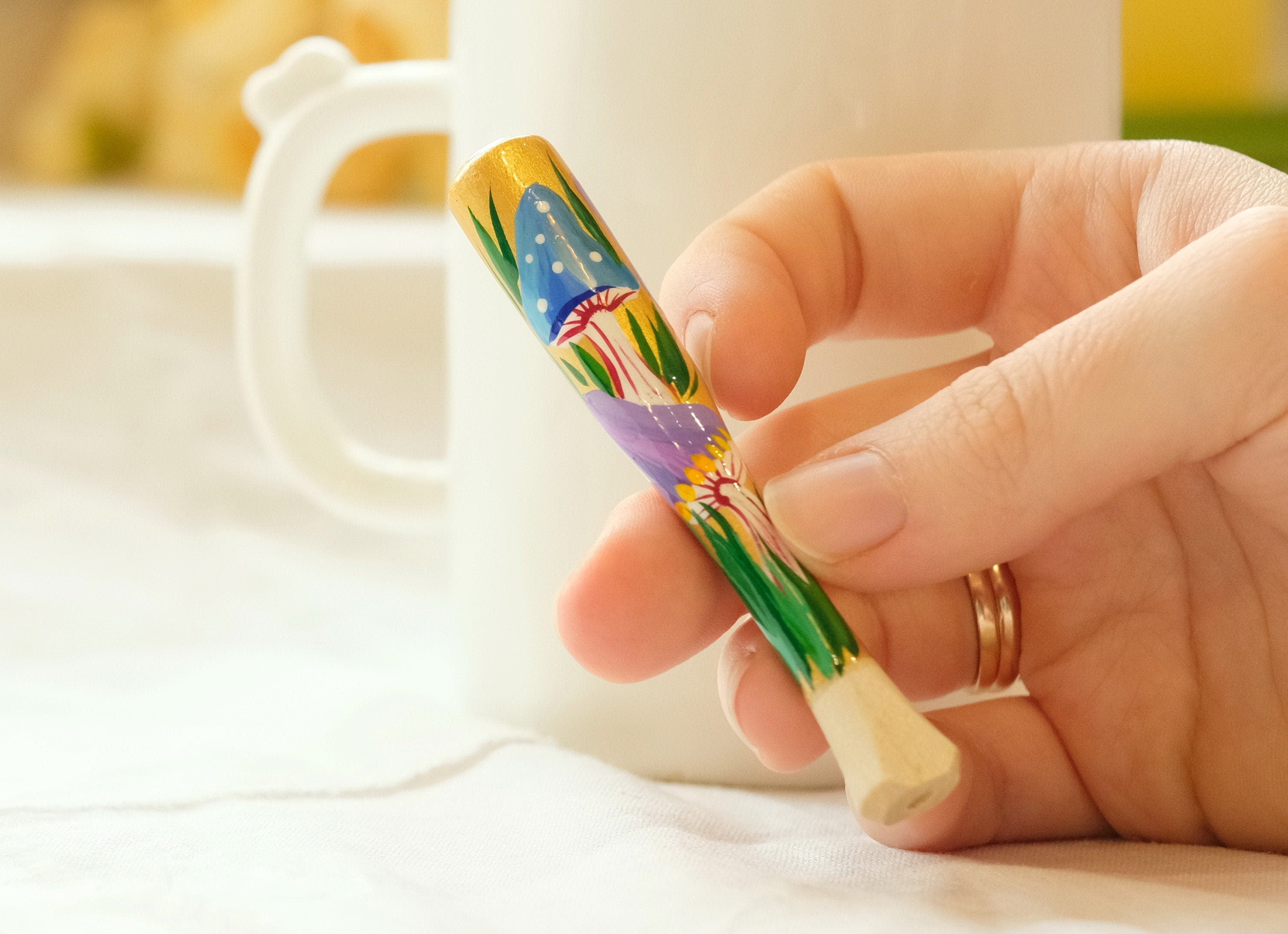 Regular Wooden Mushroom Cigarette Holder - Painted With Ukrainian Folk Art Petrykivka