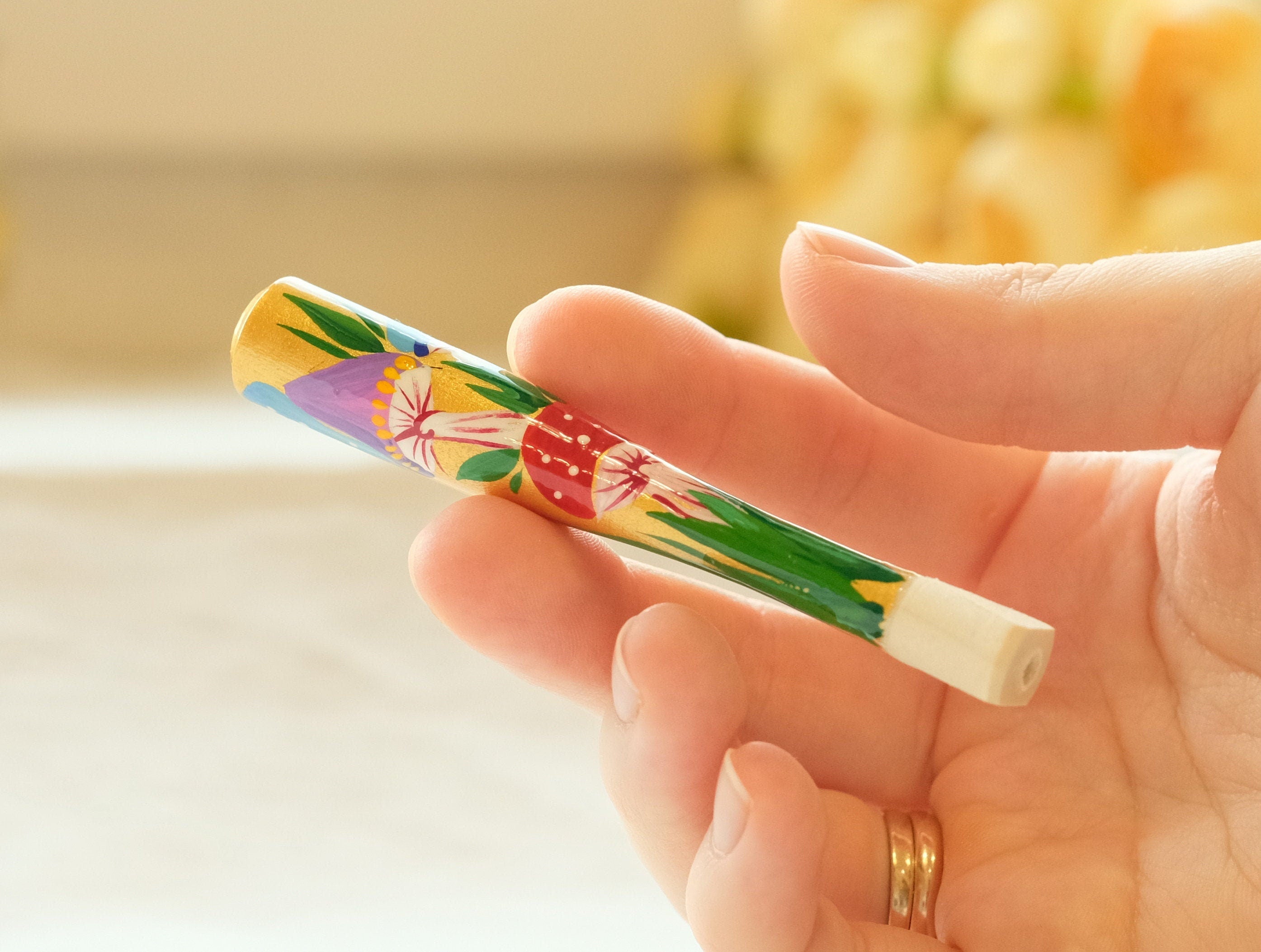 Regular Wooden Mushroom Cigarette Holder - Painted With Ukrainian Folk Art Petrykivka