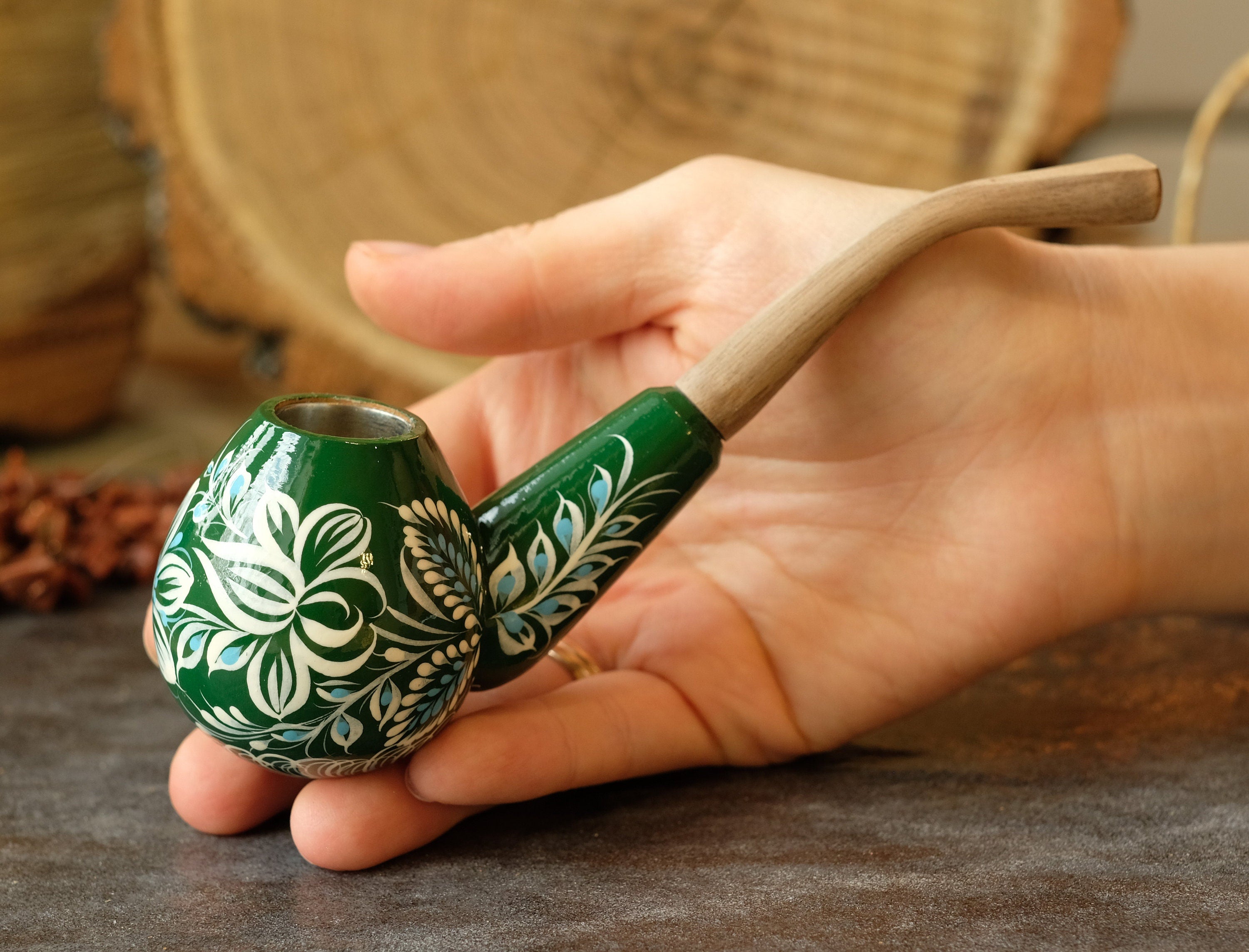 Hand-painted Fairy Bird Smoking Pipe - Wooden Tobacco Pipe with Ukrainian Folk Art Petrykivka