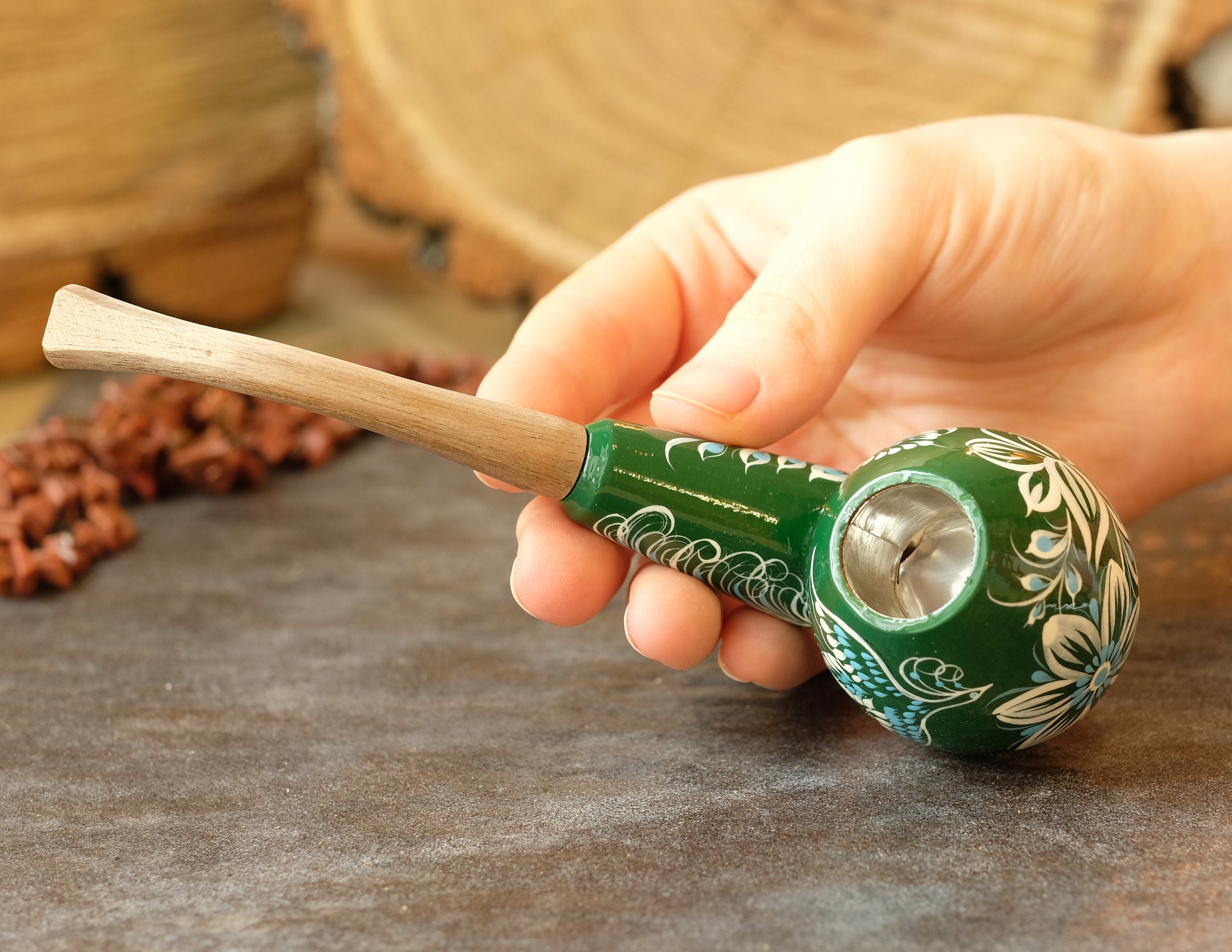 Hand-painted Fairy Bird Smoking Pipe - Wooden Tobacco Pipe with Ukrainian Folk Art Petrykivka