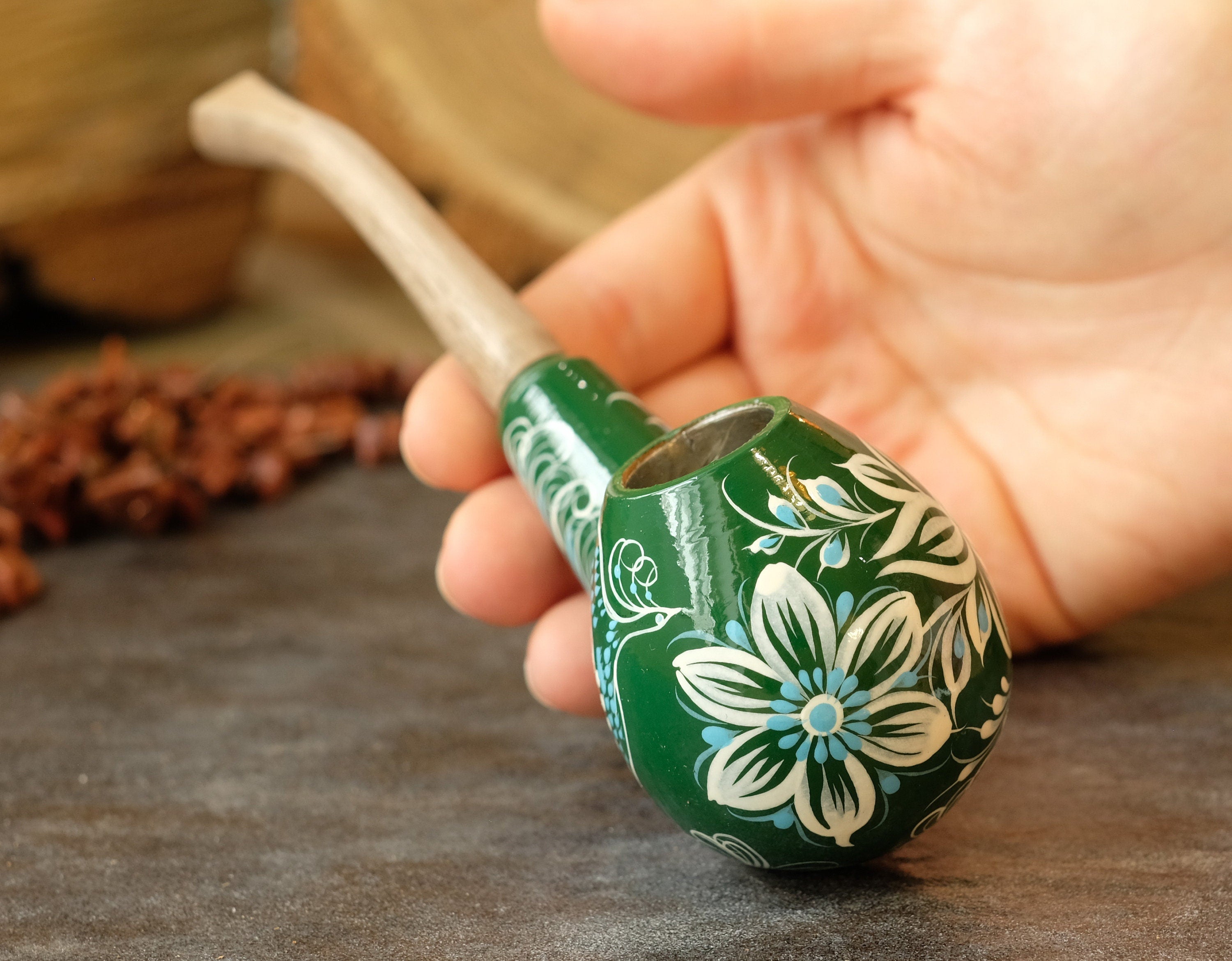 Hand-painted Fairy Bird Smoking Pipe - Wooden Tobacco Pipe with Ukrainian Folk Art Petrykivka