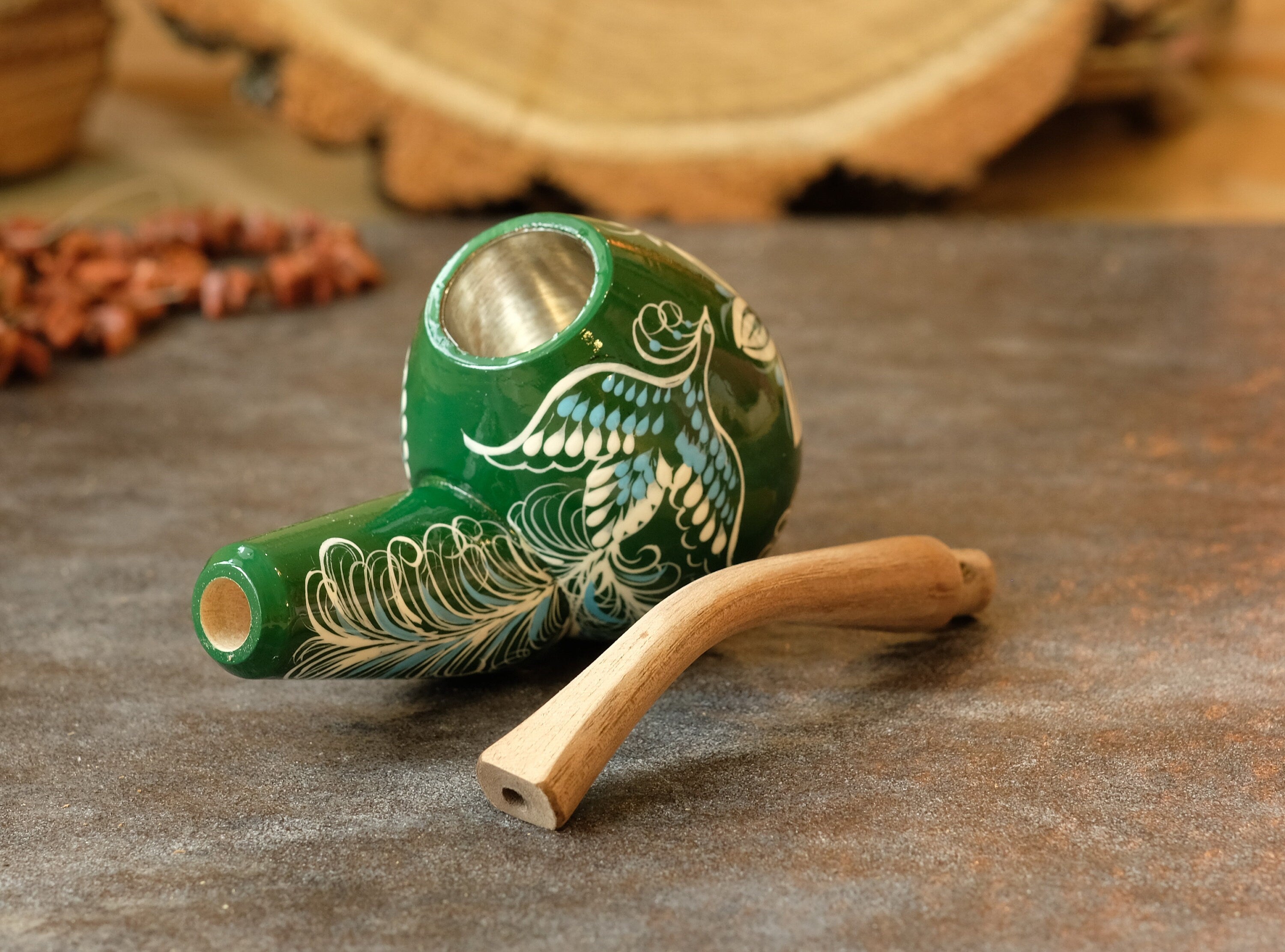 Hand-painted Fairy Bird Smoking Pipe - Wooden Tobacco Pipe with Ukrainian Folk Art Petrykivka