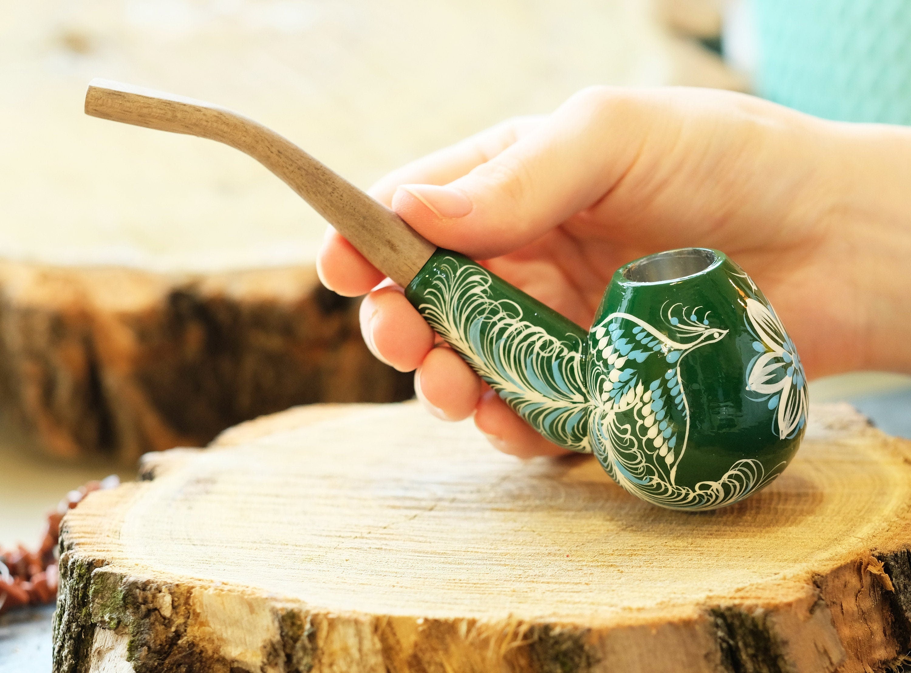 Hand-painted Fairy Bird Smoking Pipe - Wooden Tobacco Pipe with Ukrainian Folk Art Petrykivka