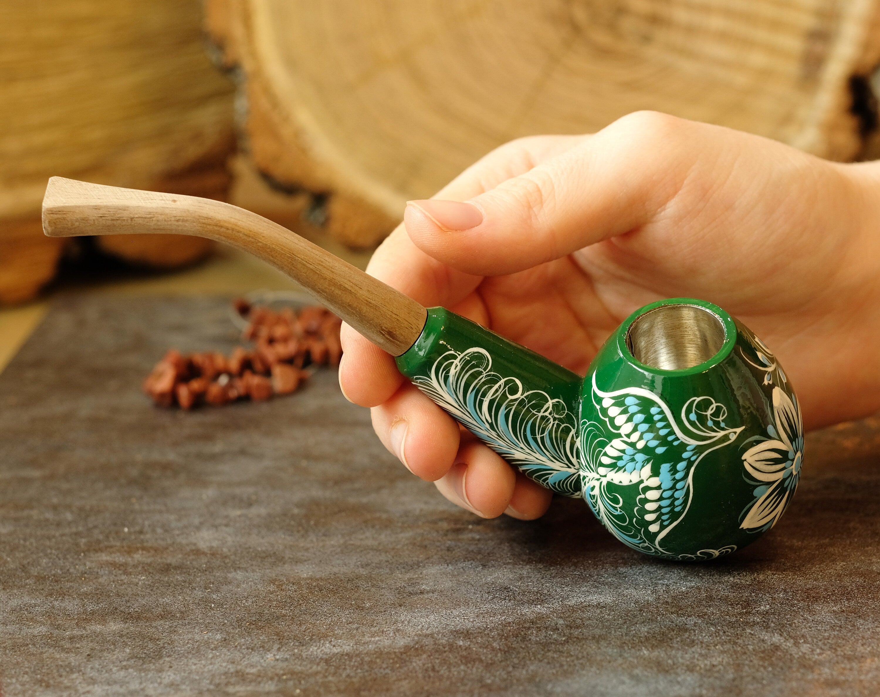 Hand-painted Fairy Bird Smoking Pipe - Wooden Tobacco Pipe with Ukrainian Folk Art Petrykivka