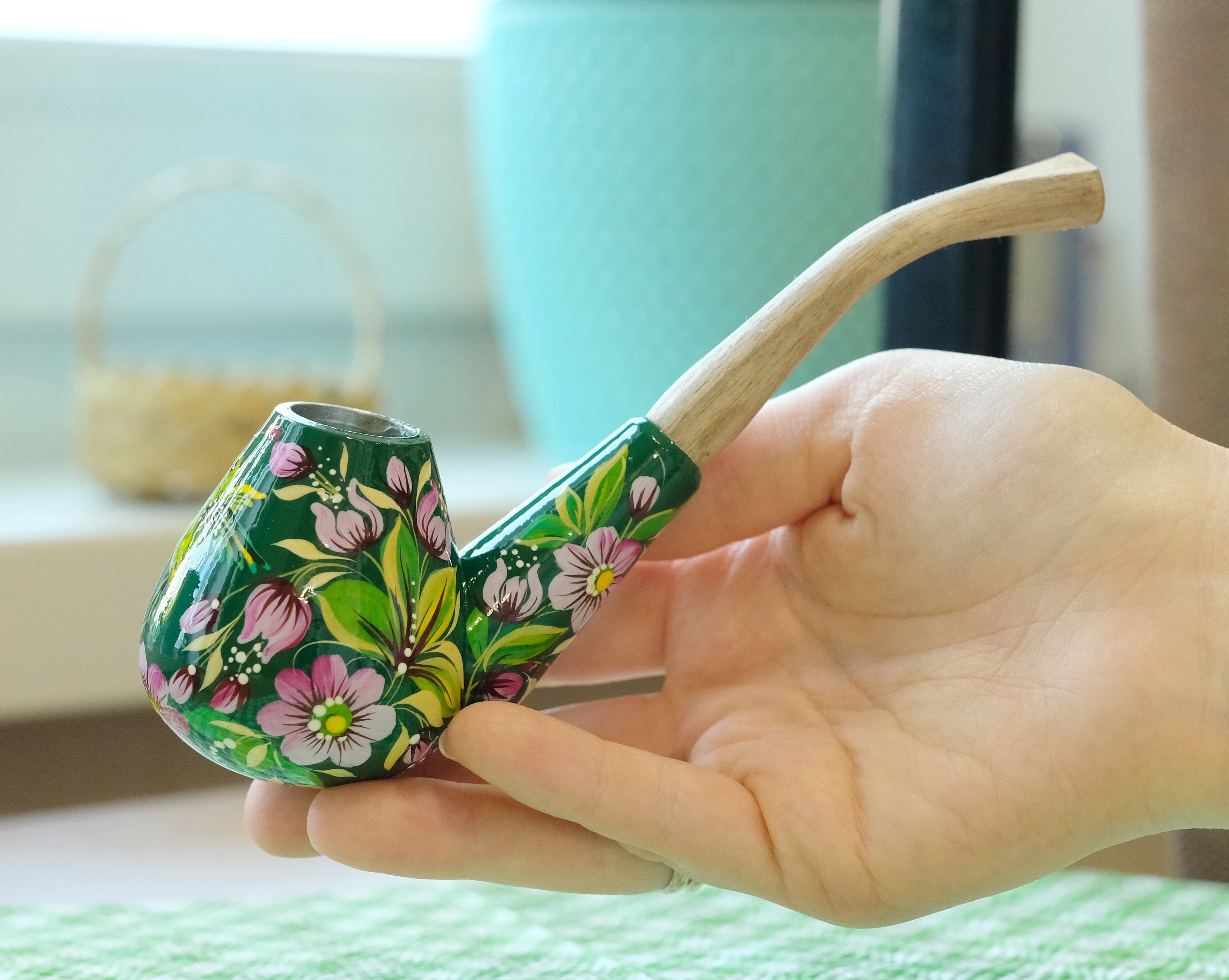 Wooden Smoking Pipe - Painted Green Hummingbird Tobaco Pipe with Ukrainian Folk Art Petrykivka