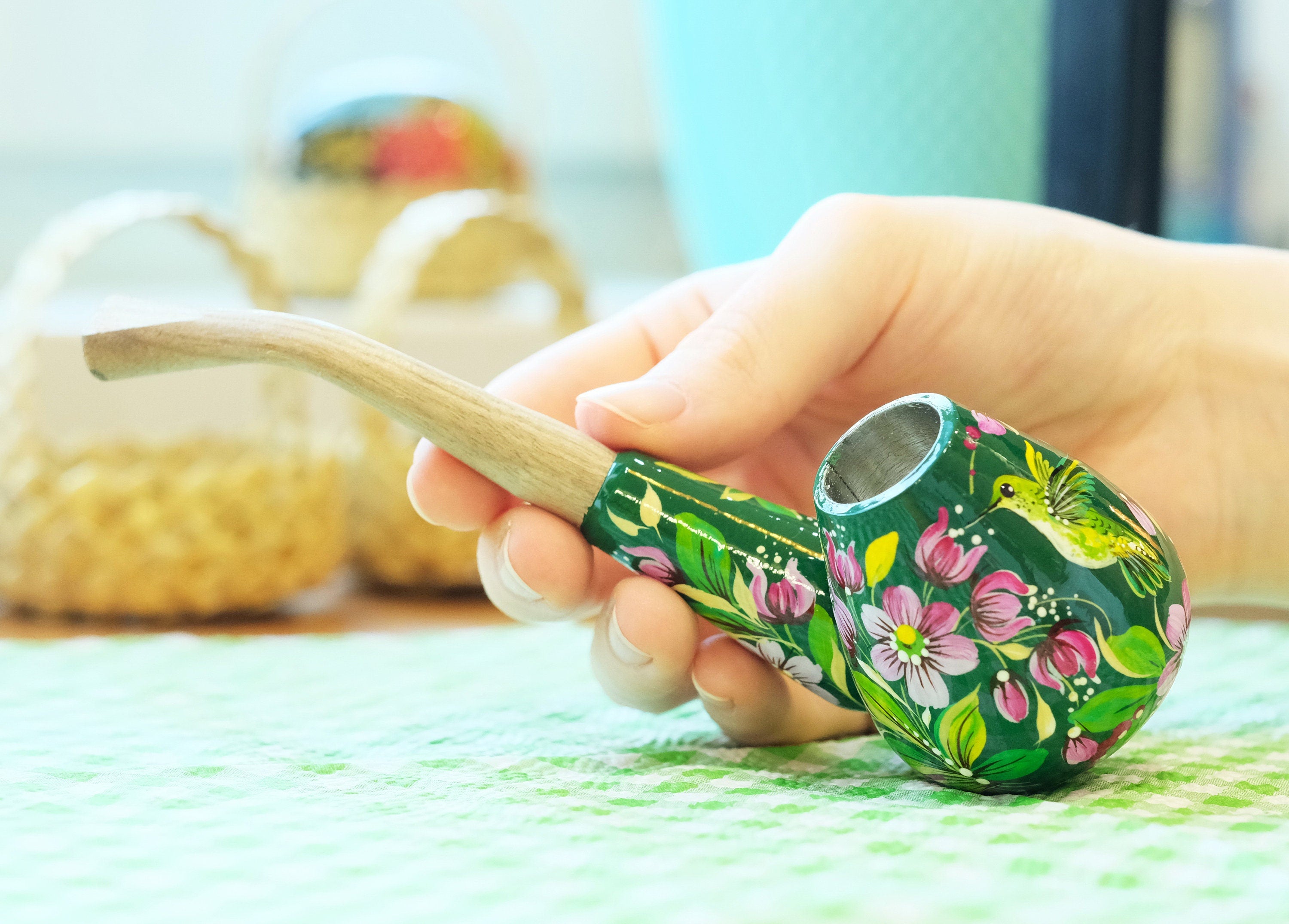 Wooden Smoking Pipe - Painted Green Hummingbird Tobaco Pipe with Ukrainian Folk Art Petrykivka