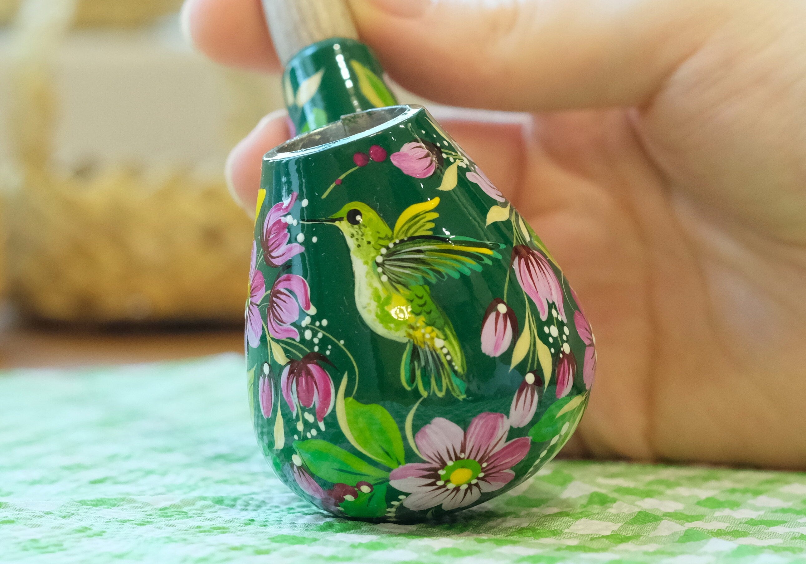 Wooden Smoking Pipe - Painted Green Hummingbird Tobaco Pipe with Ukrainian Folk Art Petrykivka