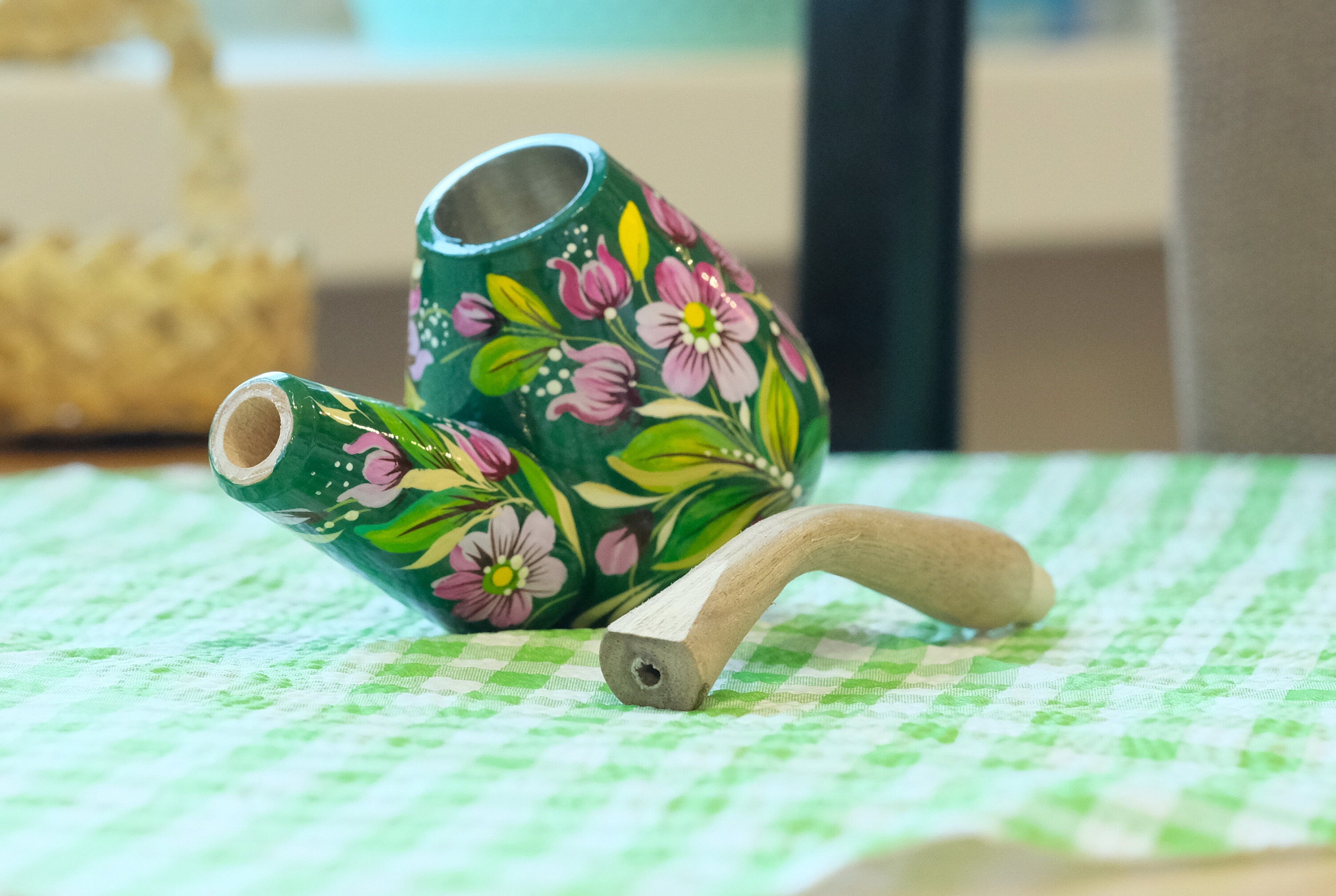 Wooden Smoking Pipe - Painted Green Hummingbird Tobaco Pipe with Ukrainian Folk Art Petrykivka