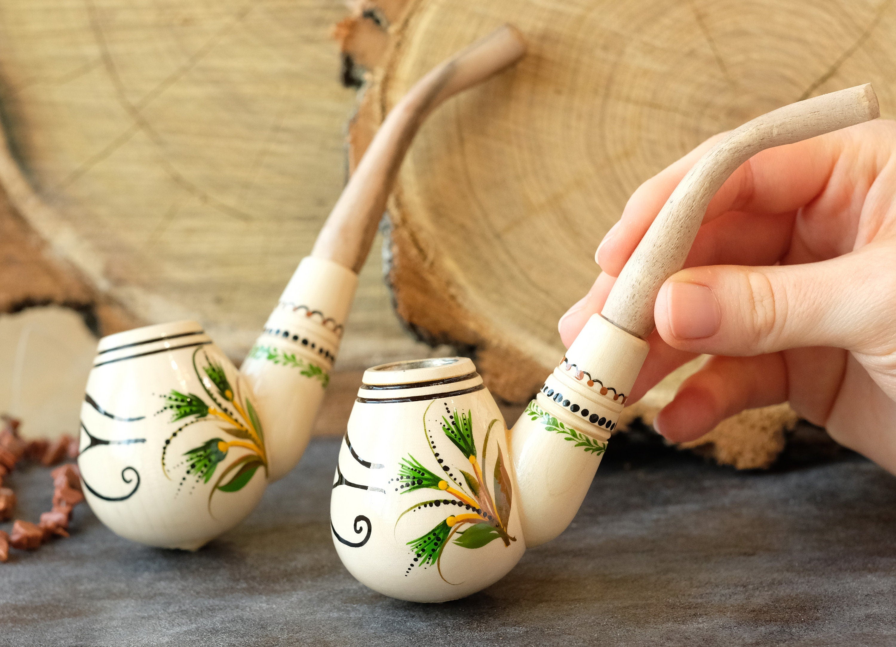 Painted Wooden Smoking Pipe - Eye of Horus Tobacco Pipe