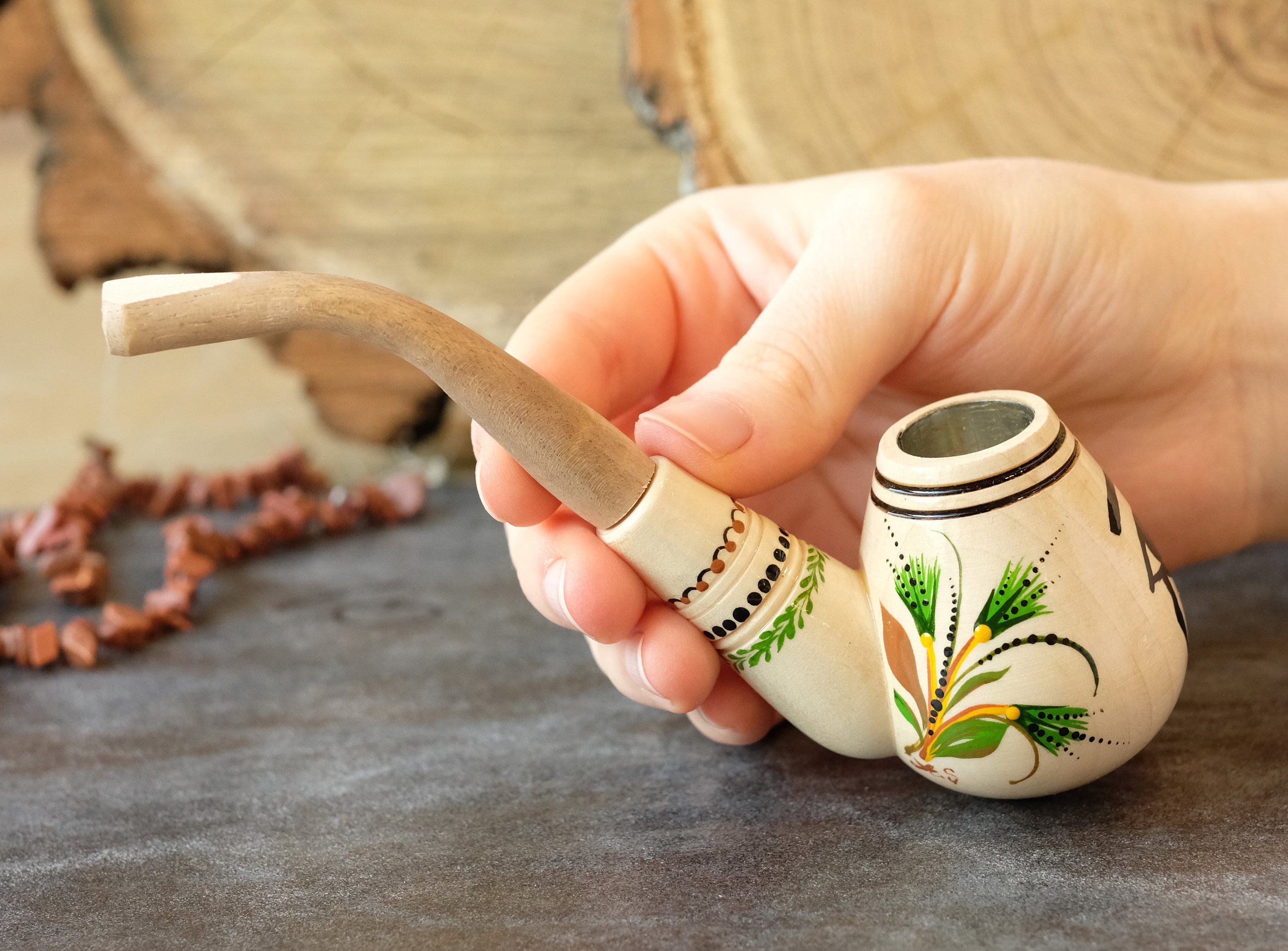 Painted Wooden Smoking Pipe - Eye of Horus Tobacco Pipe