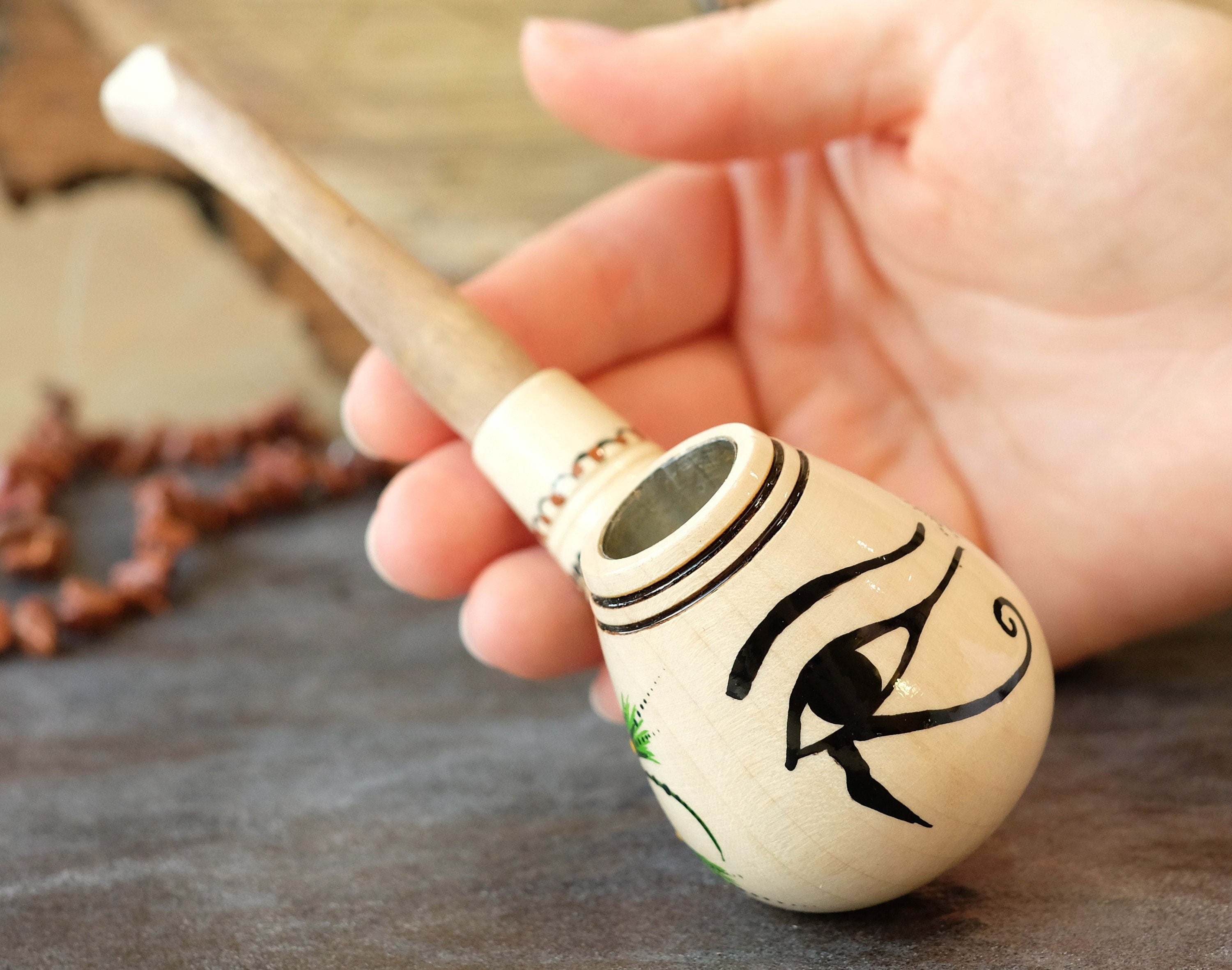 Painted Wooden Smoking Pipe - Eye of Horus Tobacco Pipe