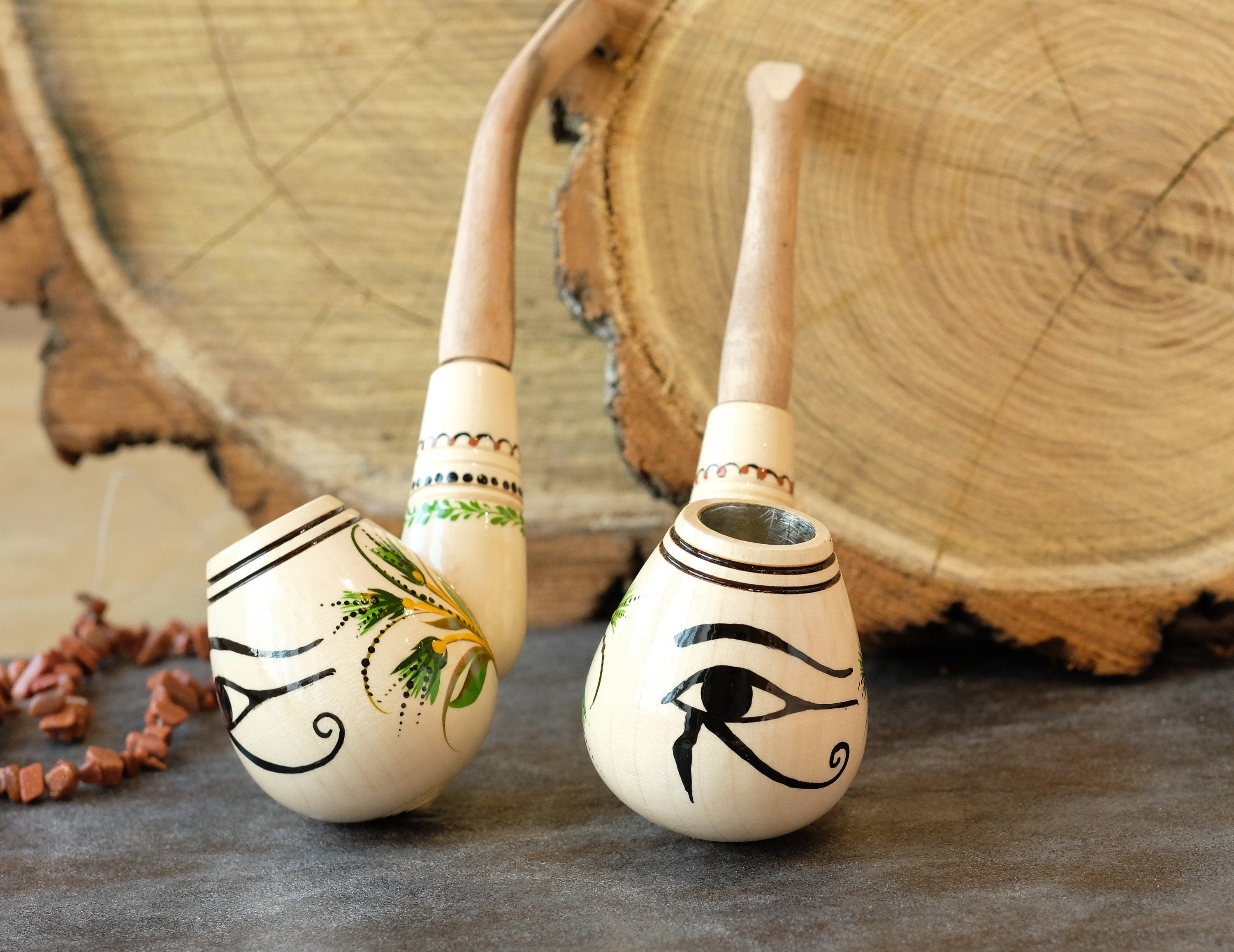 Painted Wooden Smoking Pipe - Eye of Horus Tobacco Pipe