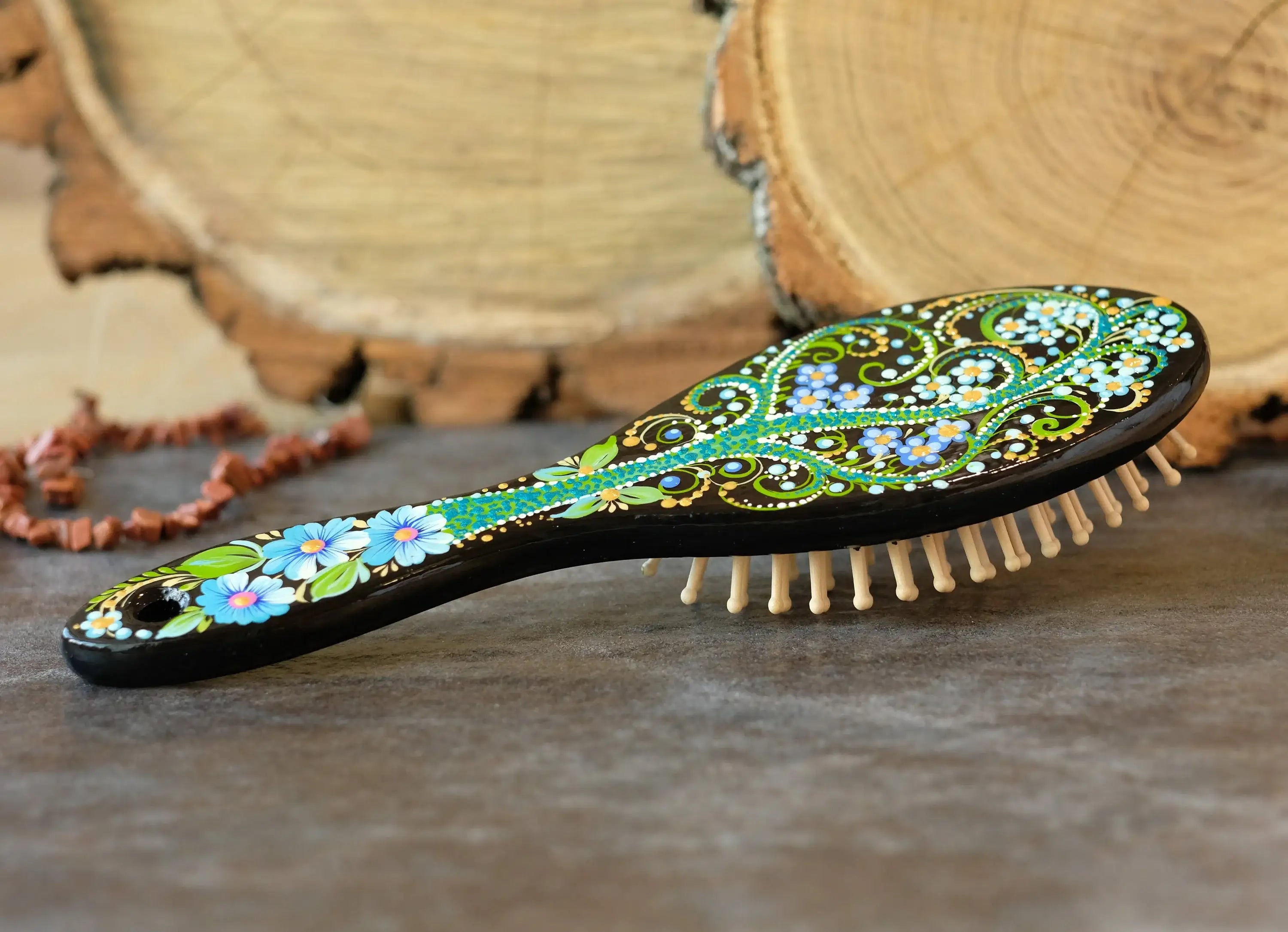 Painted Wooden Tree of Life Massage Hairbrush - Norse Mythology Emerald Green Paddle Hairbrush with Wooden Bristles