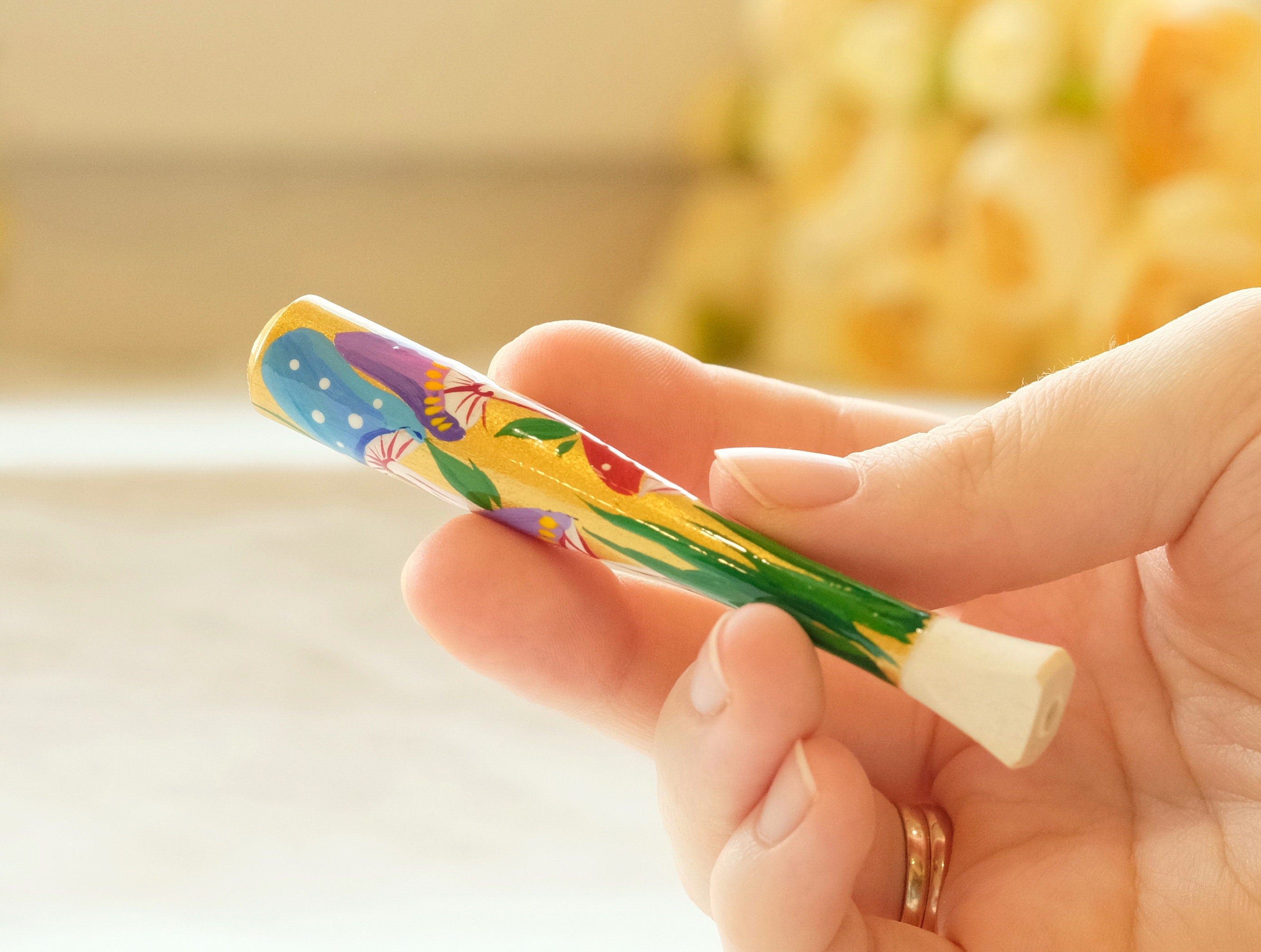 Regular Wooden Mushroom Cigarette Holder - Painted With Ukrainian Folk Art Petrykivka