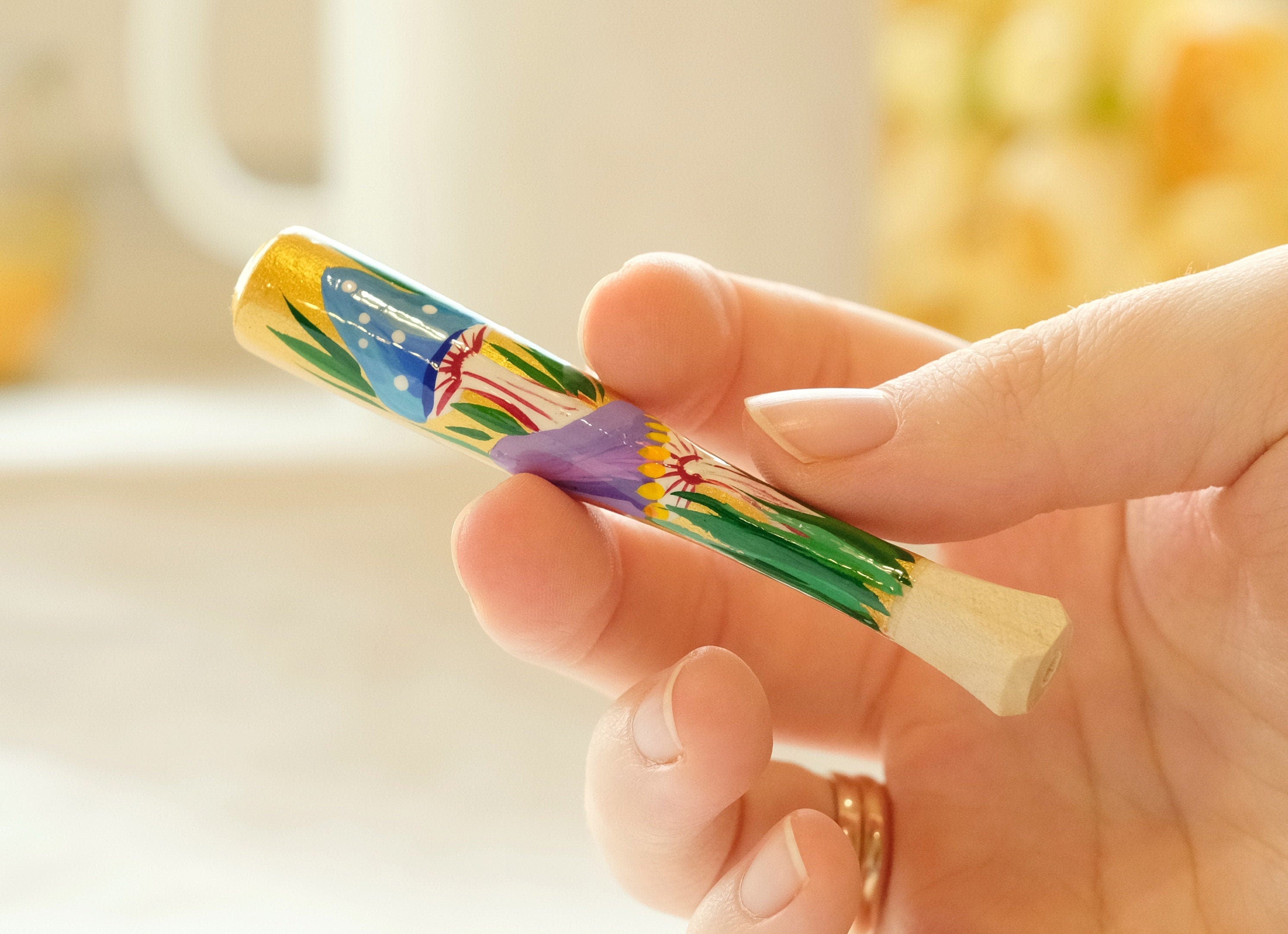 Regular Wooden Mushroom Cigarette Holder - Painted With Ukrainian Folk Art Petrykivka