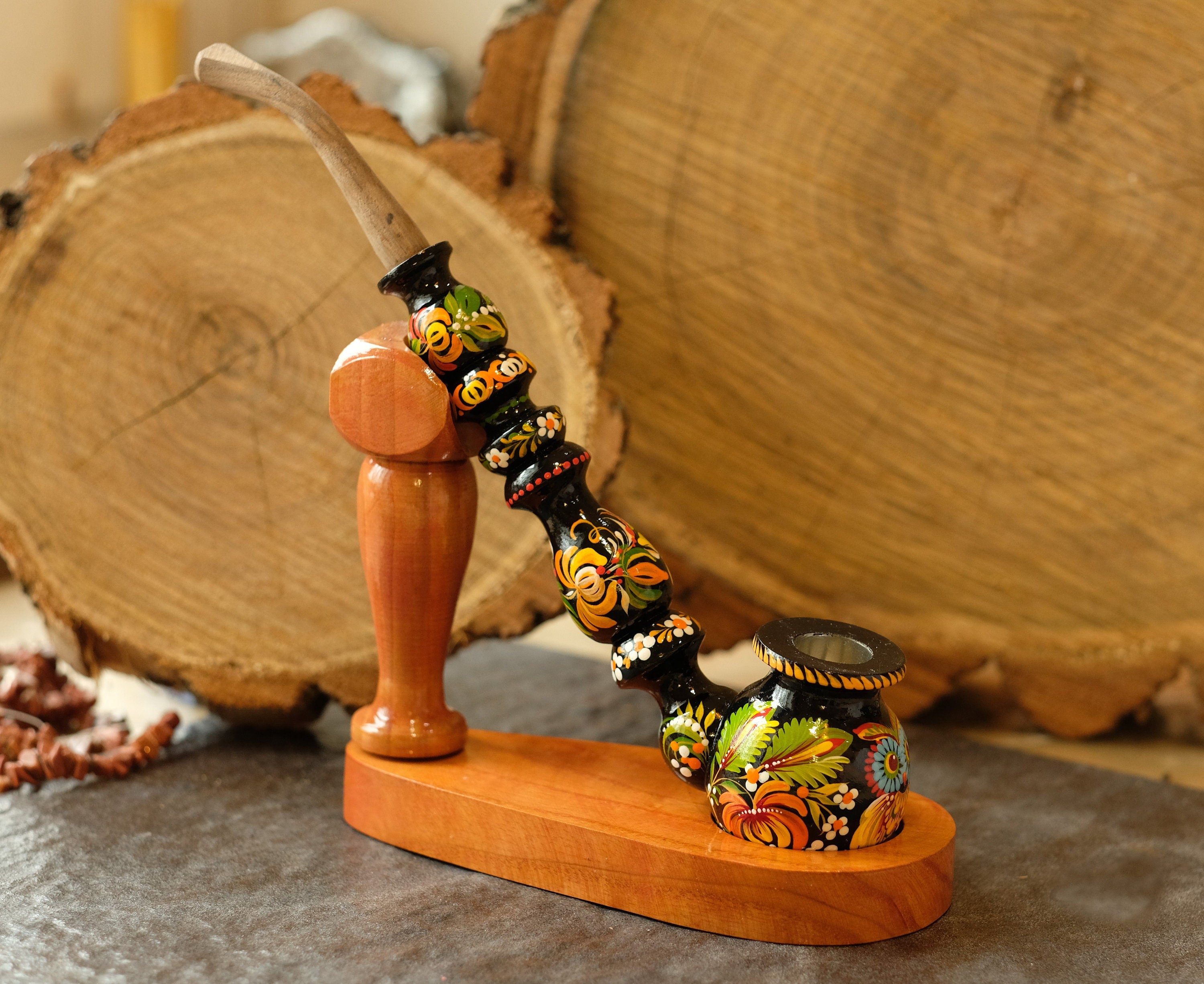 Painted Wooden Owl Smoking Pipe - Ukrainian Folk Art Petrykivka Tobacco Pipe