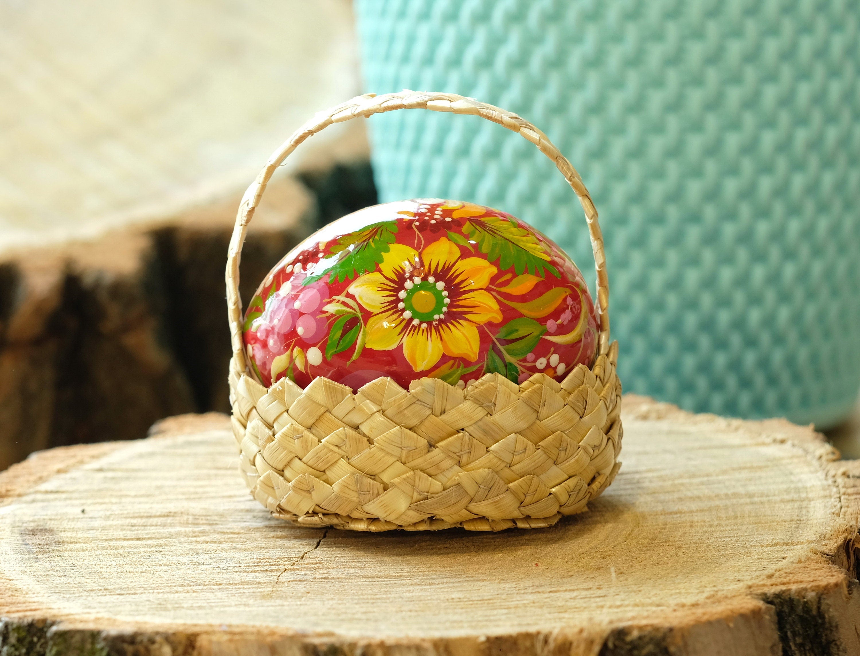 Hand-painted Ukrainian Easter Egg - Petrykivka Wooden Rooster Egg