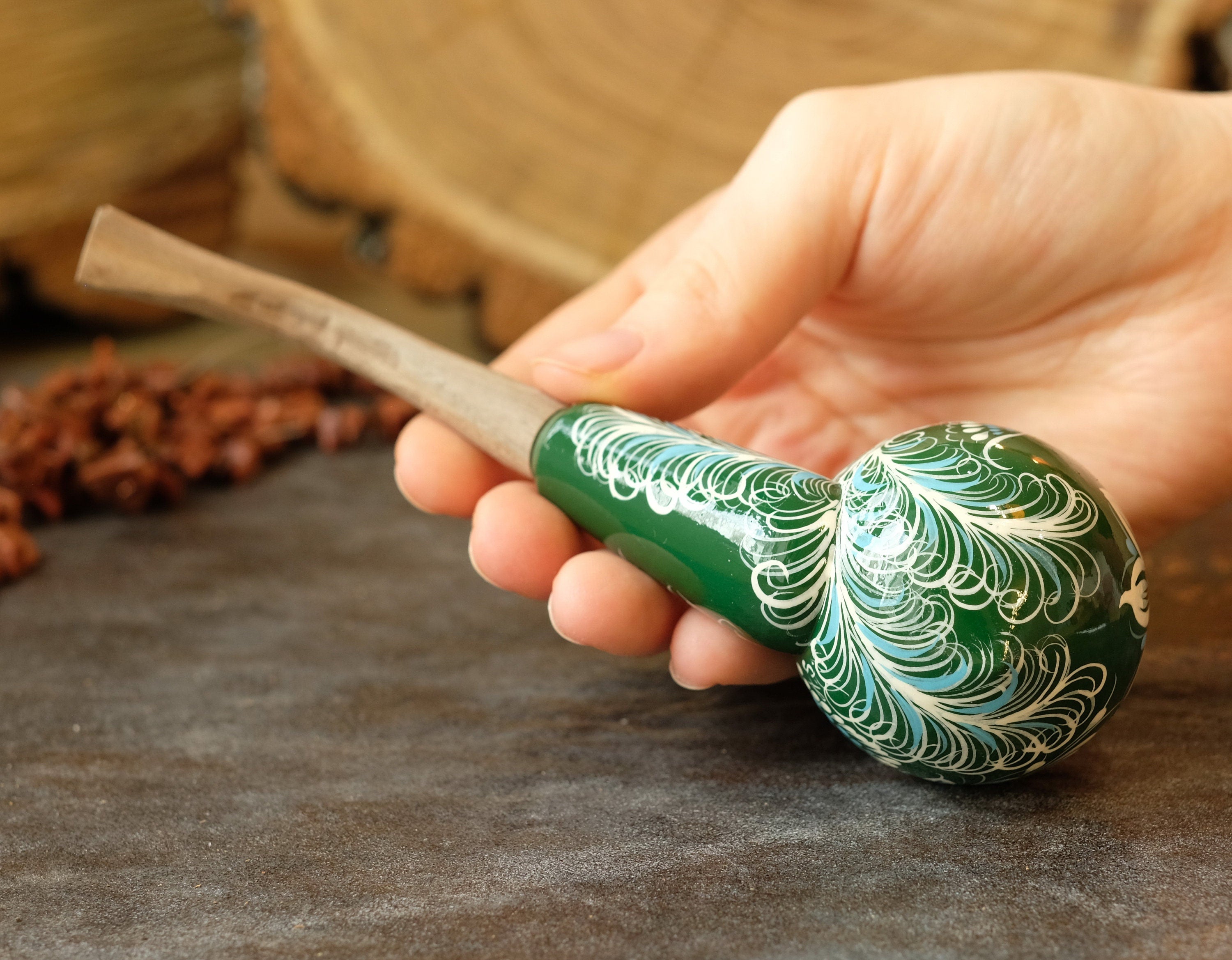 Hand-painted Fairy Bird Smoking Pipe - Wooden Tobacco Pipe with Ukrainian Folk Art Petrykivka