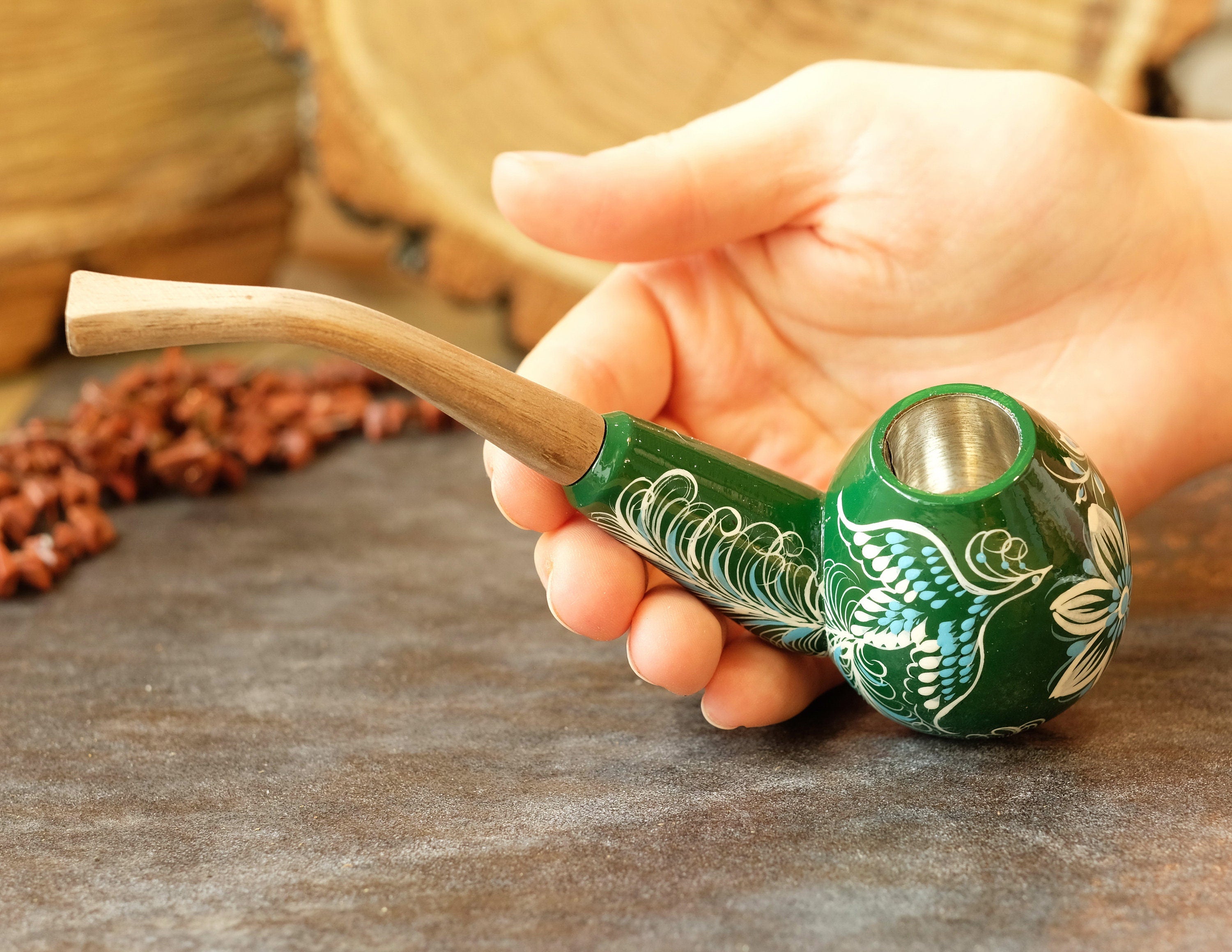 Hand-painted Fairy Bird Smoking Pipe - Wooden Tobacco Pipe with Ukrainian Folk Art Petrykivka