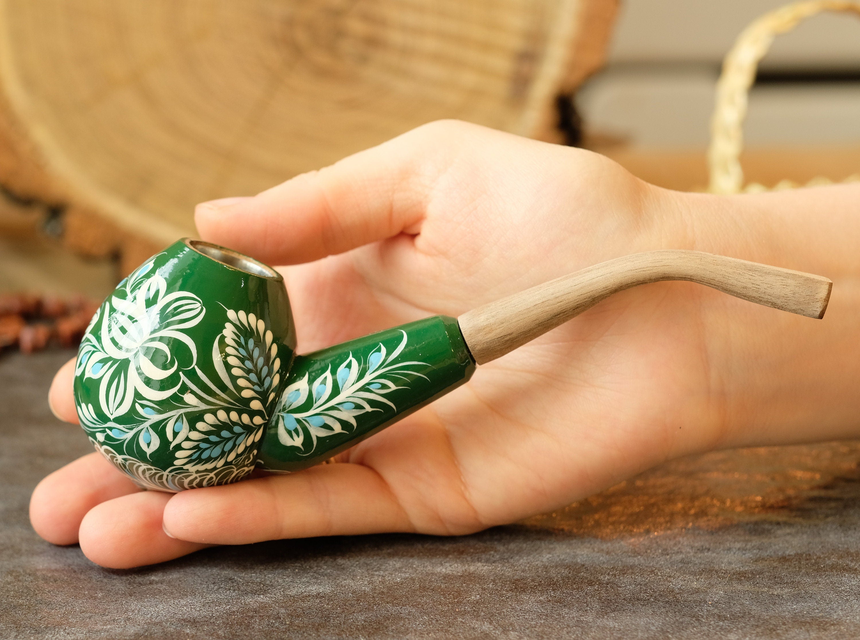 Hand-painted Fairy Bird Smoking Pipe - Wooden Tobacco Pipe with Ukrainian Folk Art Petrykivka