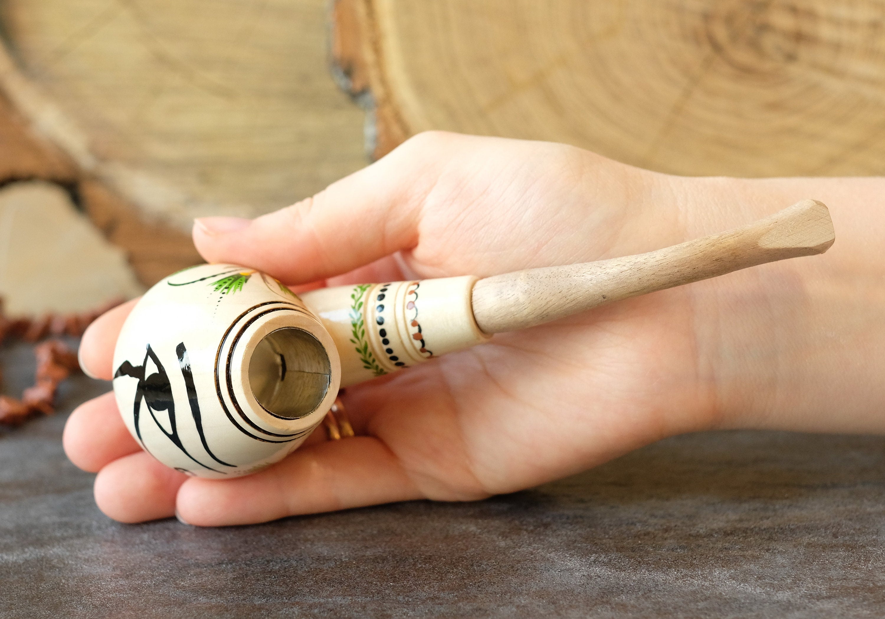 Painted Wooden Smoking Pipe - Eye of Horus Tobacco Pipe