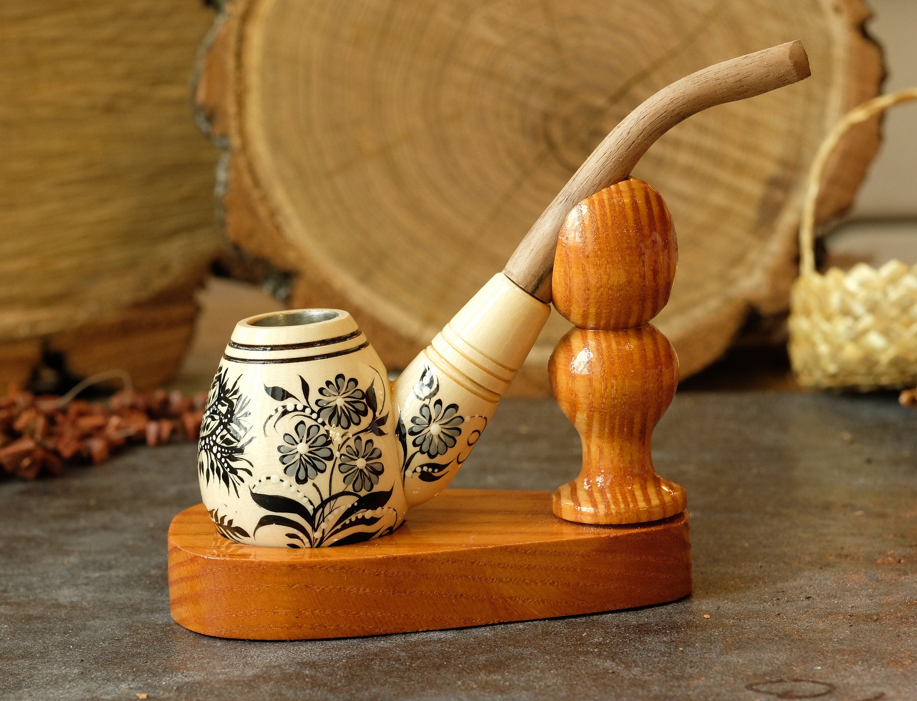 Painted Wooden Smoking Pipe - Tree of Life Tobacco Pipe Made in Ukraine