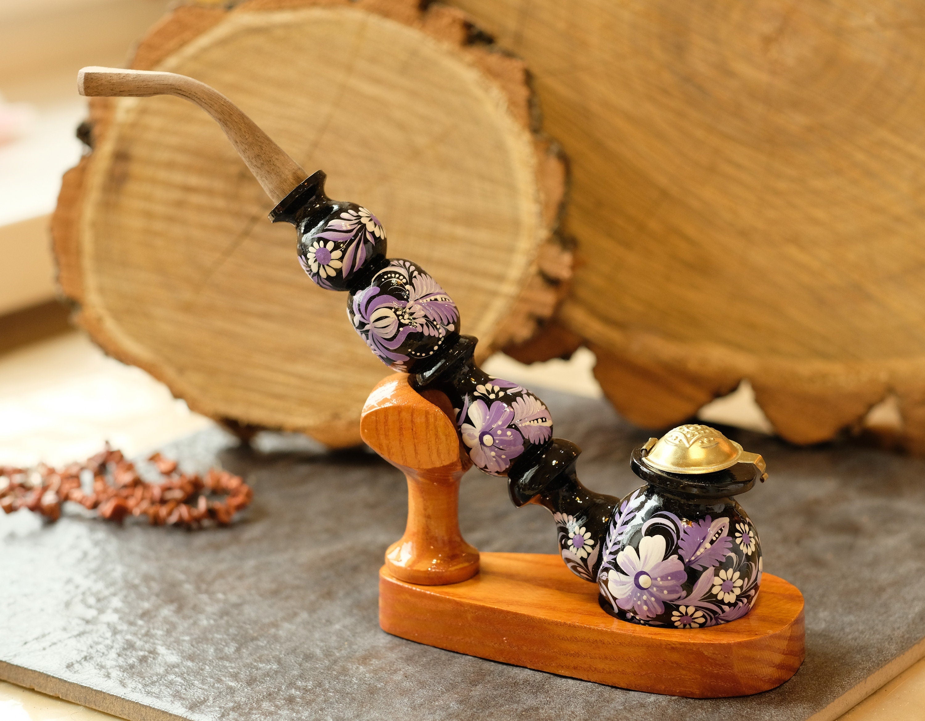 Long Wooden Smoking Pipe with Lid - Hand-painted Purple Flower Tobacco Pipe - Ukrainian Folk Art Petrykivka