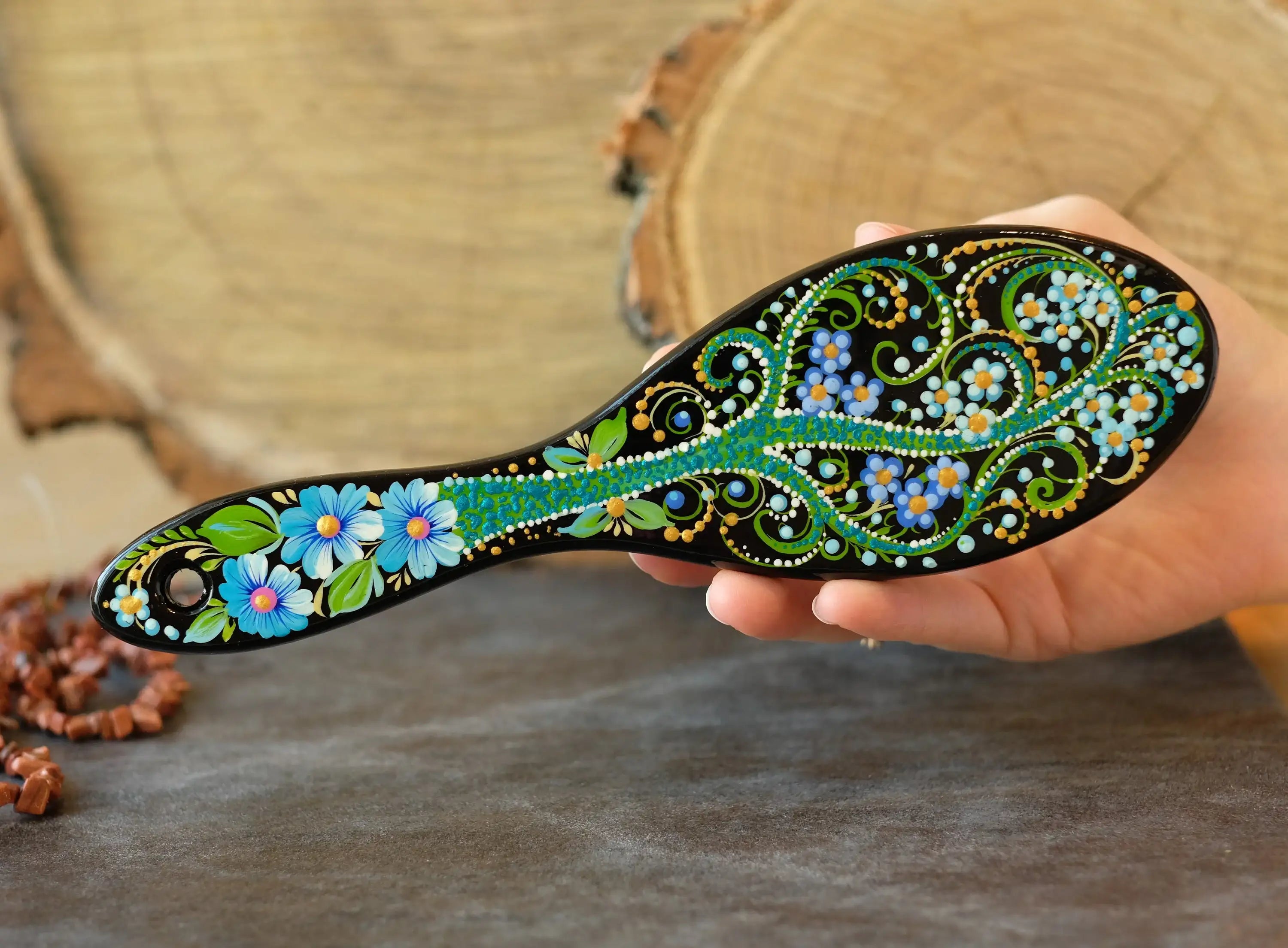 Painted Wooden Tree of Life Massage Hairbrush - Norse Mythology Emerald Green Paddle Hairbrush with Wooden Bristles