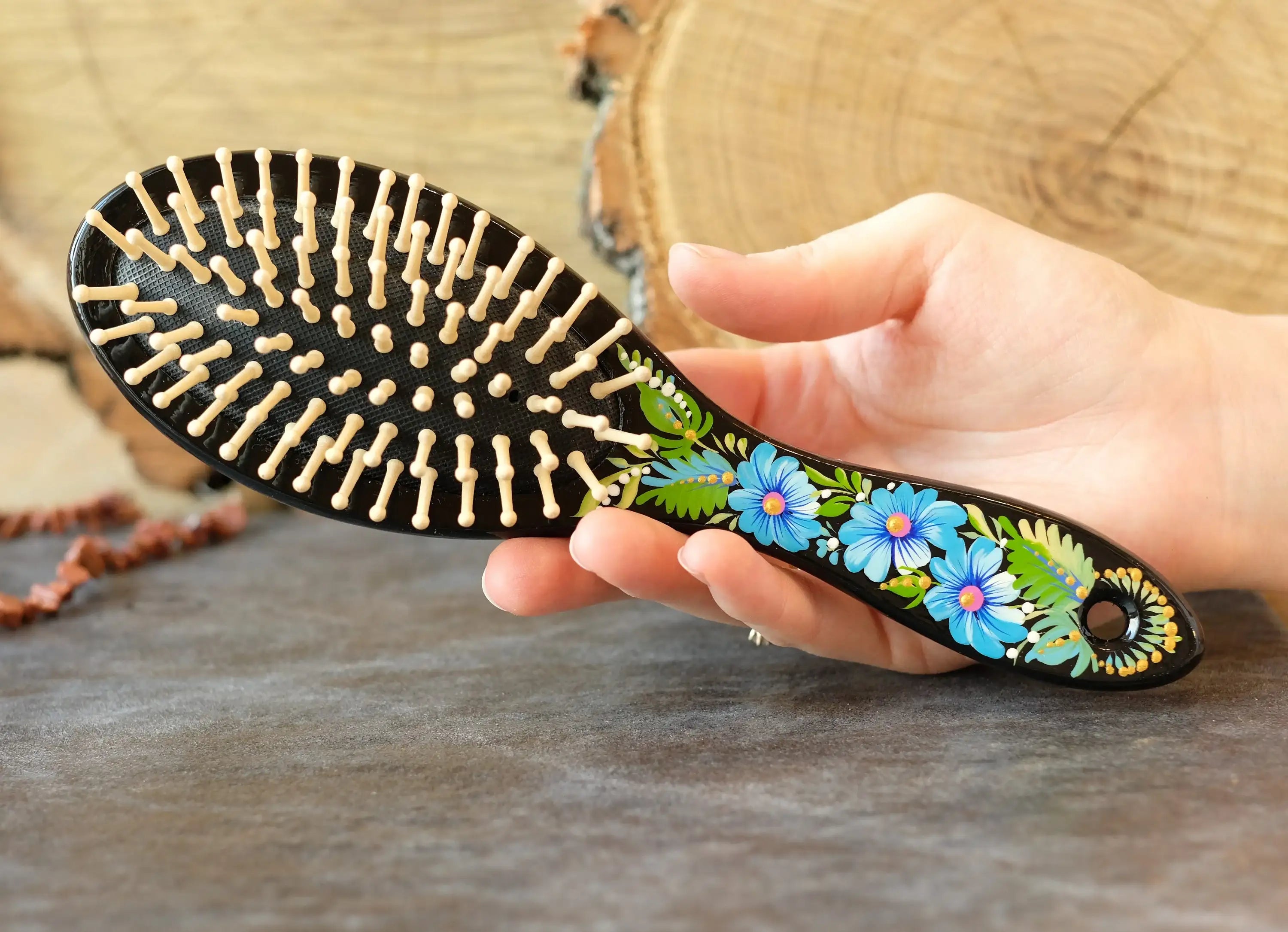 Painted Wooden Tree of Life Massage Hairbrush - Norse Mythology Emerald Green Paddle Hairbrush with Wooden Bristles