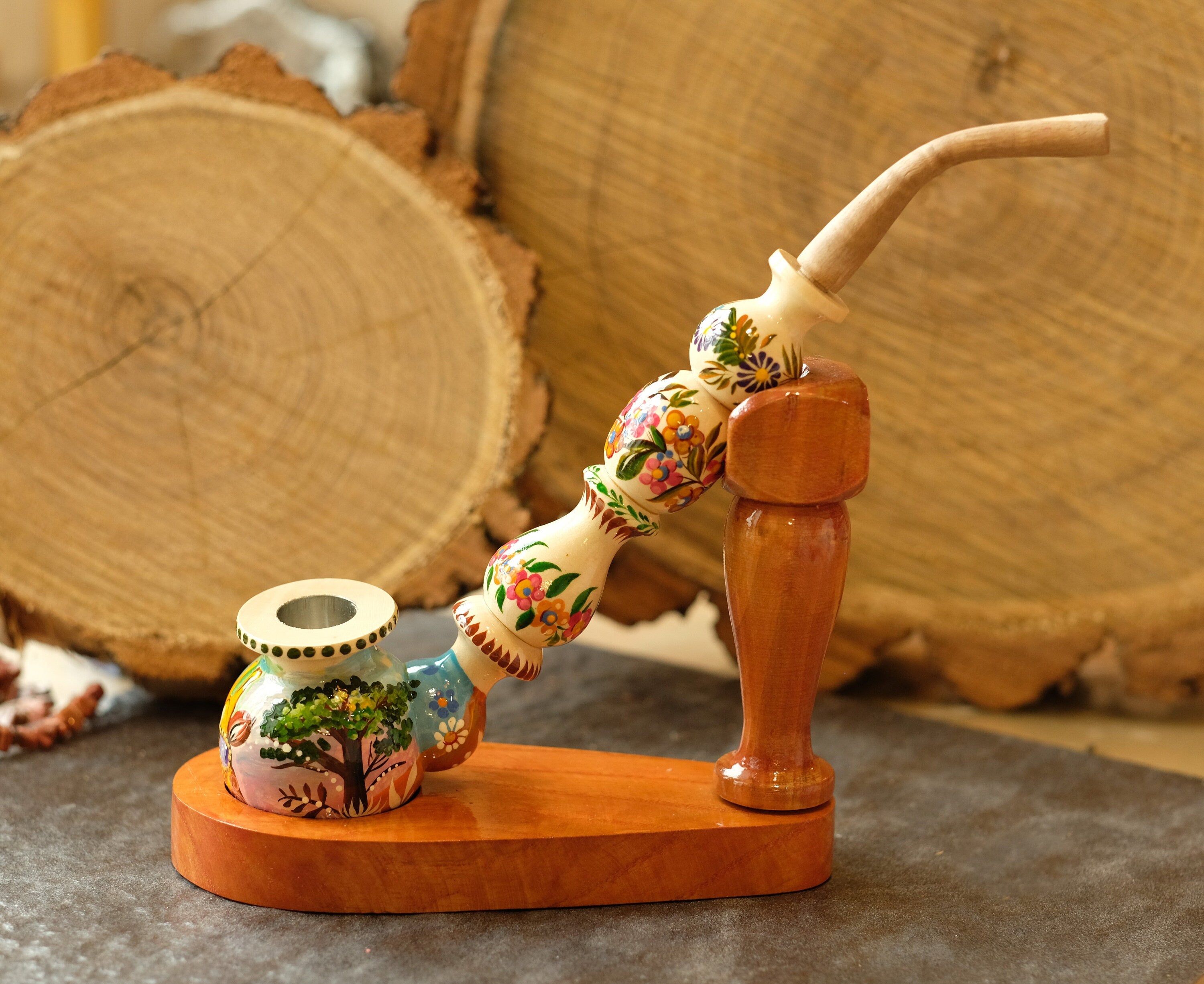 Long Wooden Smoking Pipe with Painted Giraffe in Sunglasses - Savanna Animal Pipe