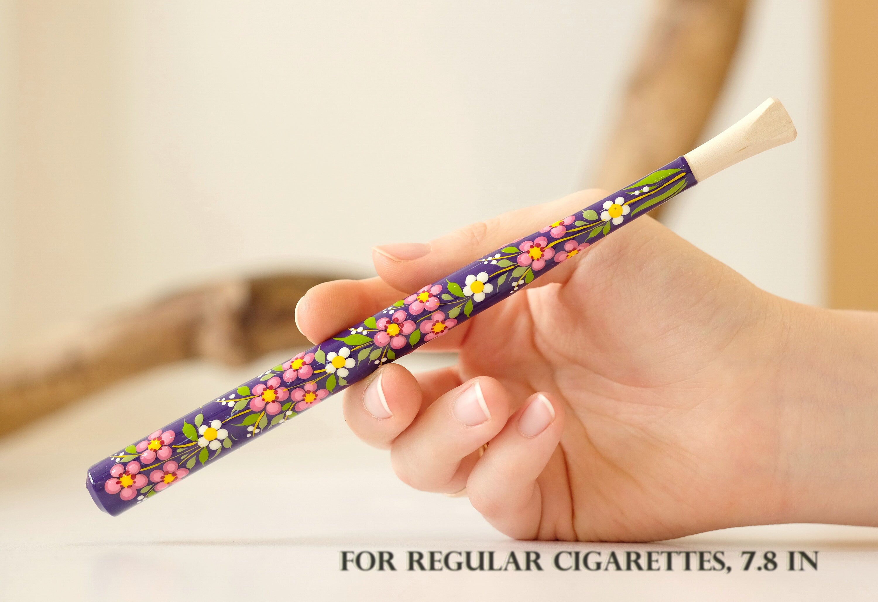 Painted Wooden Regular Cigarette Holder with Ukrainian Folk Art Petrykivka - Cherry Blossom Flower Mouthpiece