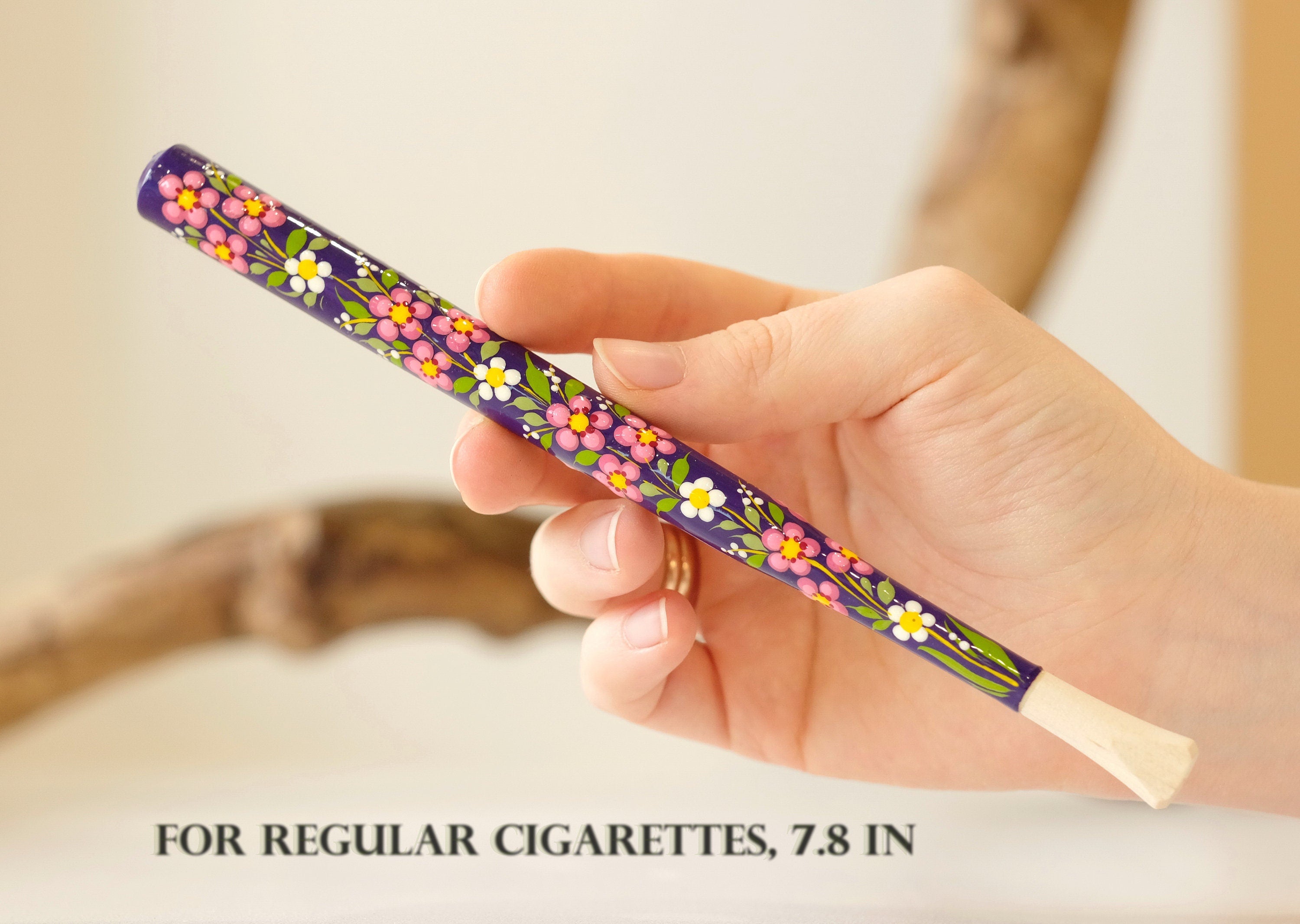 Painted Wooden Regular Cigarette Holder with Ukrainian Folk Art Petrykivka - Cherry Blossom Flower Mouthpiece