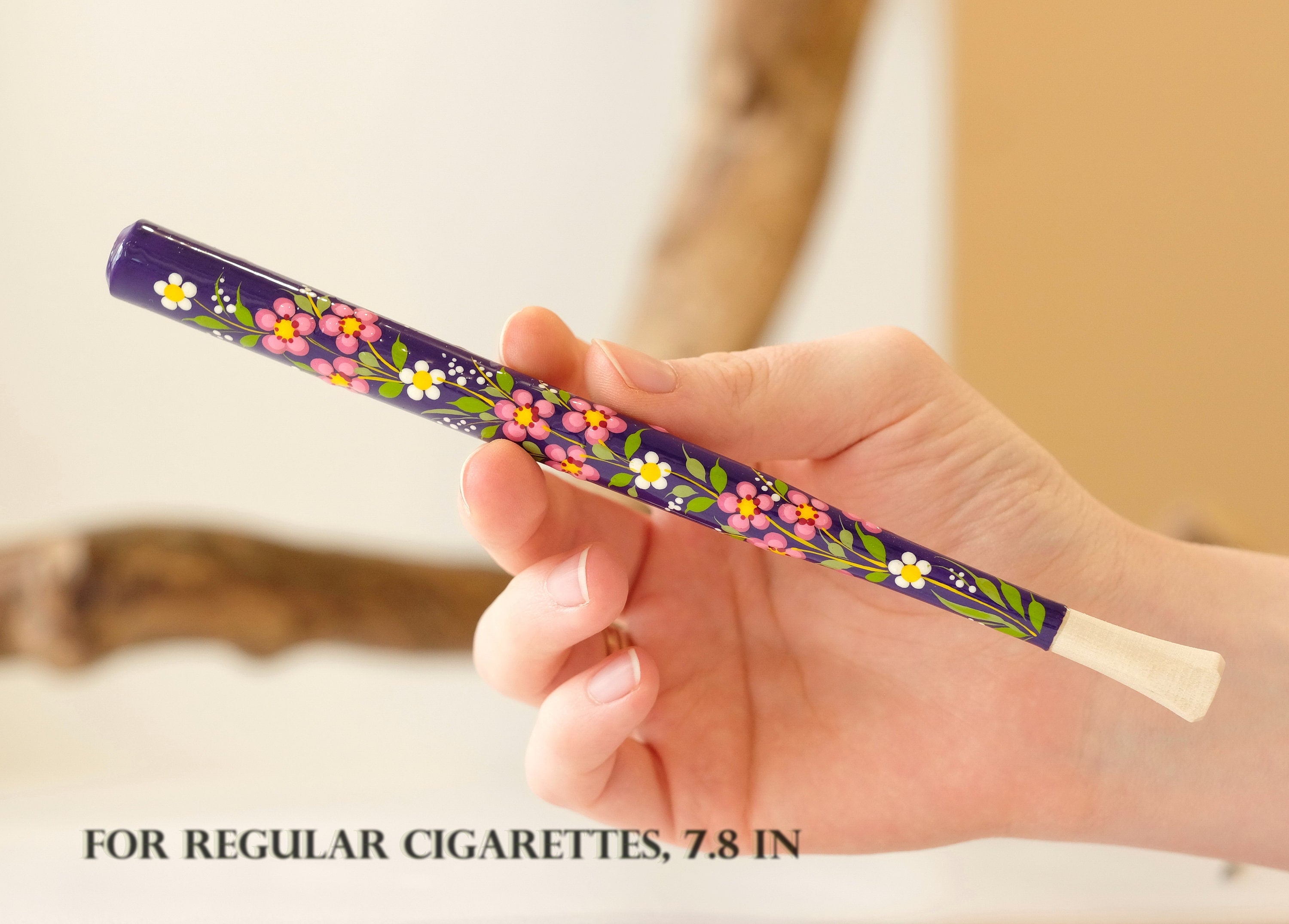Painted Wooden Regular Cigarette Holder with Ukrainian Folk Art Petrykivka - Cherry Blossom Flower Mouthpiece