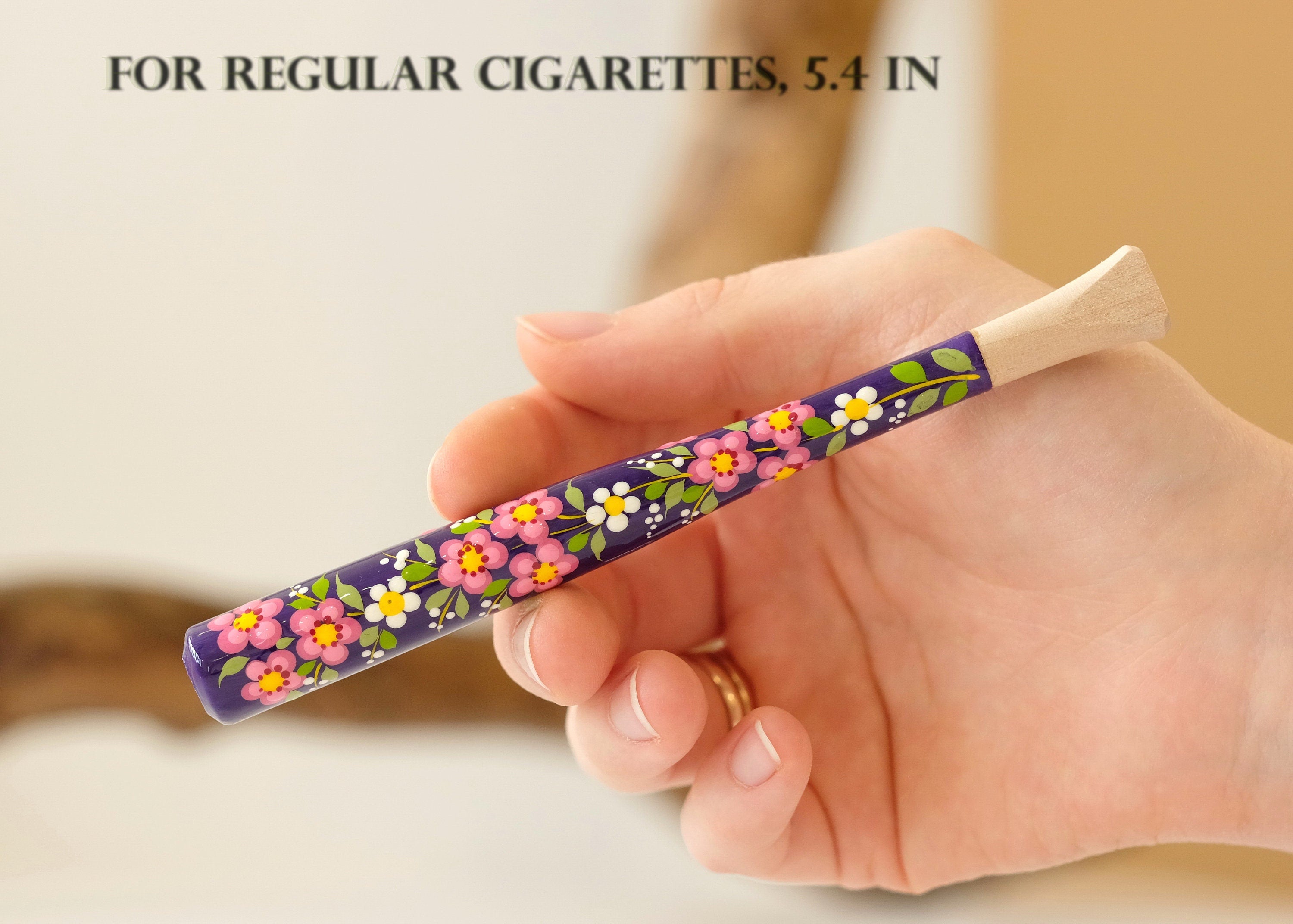 Painted Wooden Regular Cigarette Holder with Ukrainian Folk Art Petrykivka - Cherry Blossom Flower Mouthpiece