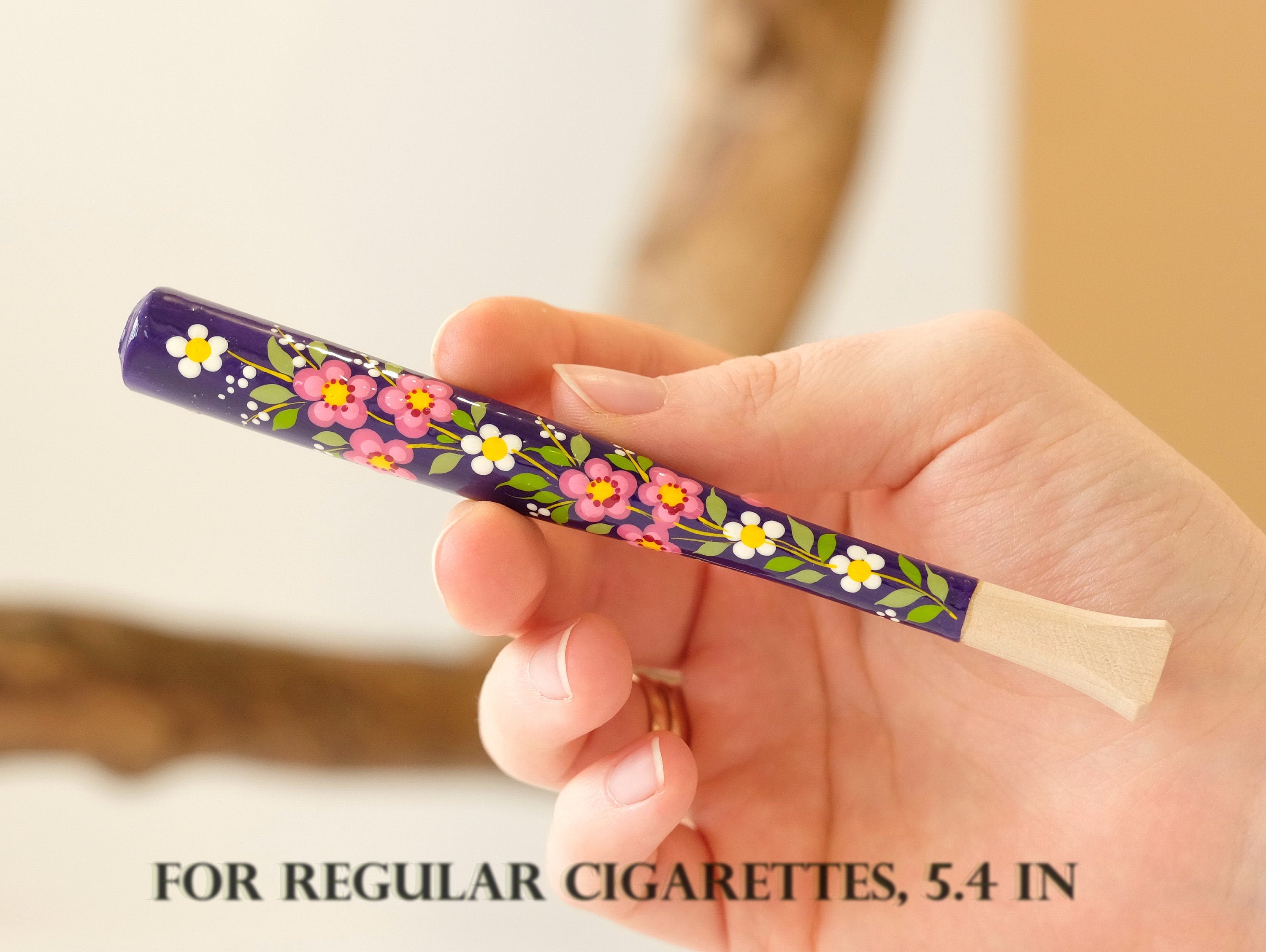 Painted Wooden Regular Cigarette Holder with Ukrainian Folk Art Petrykivka - Cherry Blossom Flower Mouthpiece
