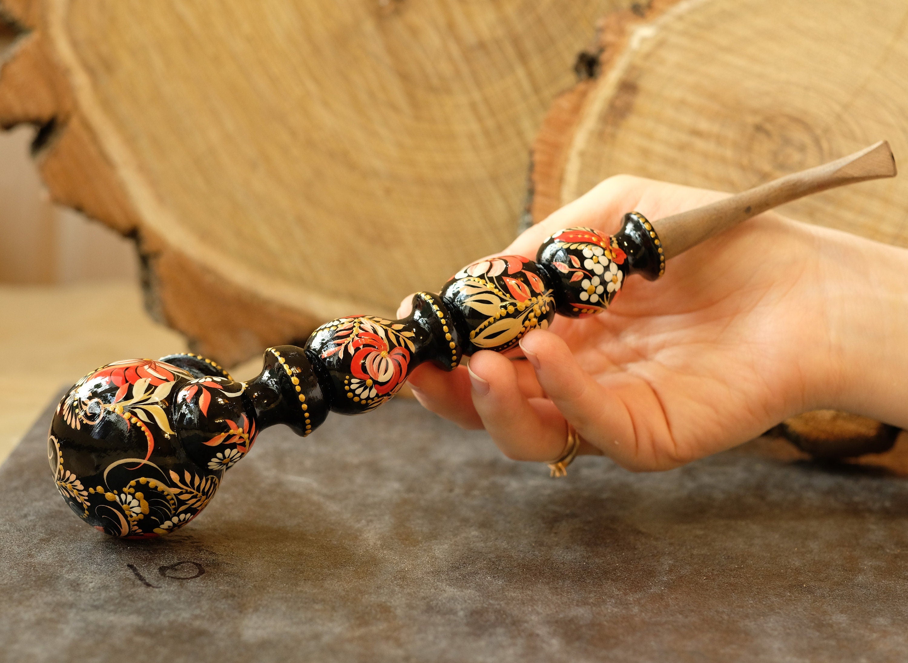 Long Wooden Smoking Pipe - Painted Red Flower Tobacco pipe with Ukrainian Folk Art Petrykivka