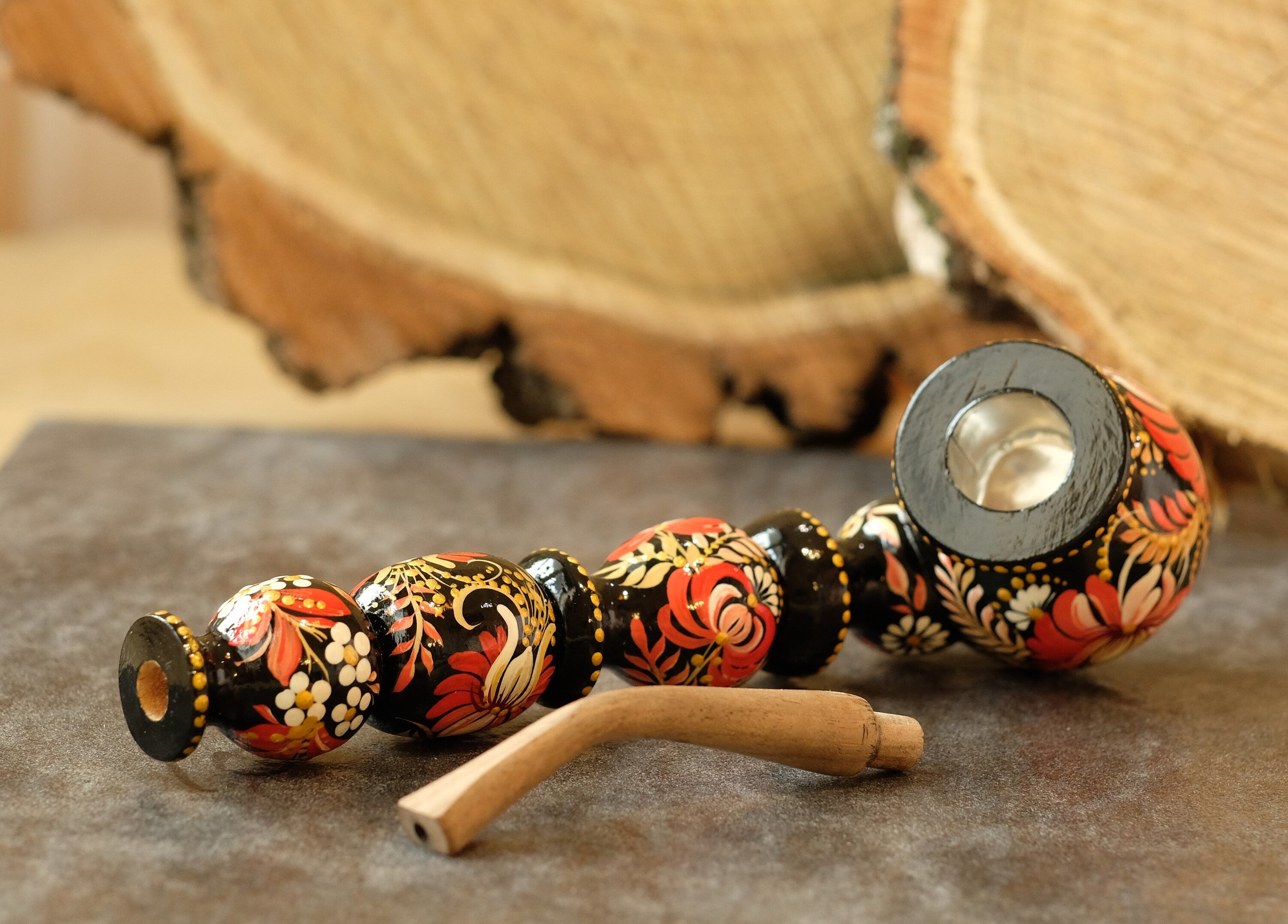 Long Wooden Smoking Pipe - Painted Red Flower Tobacco pipe with Ukrainian Folk Art Petrykivka