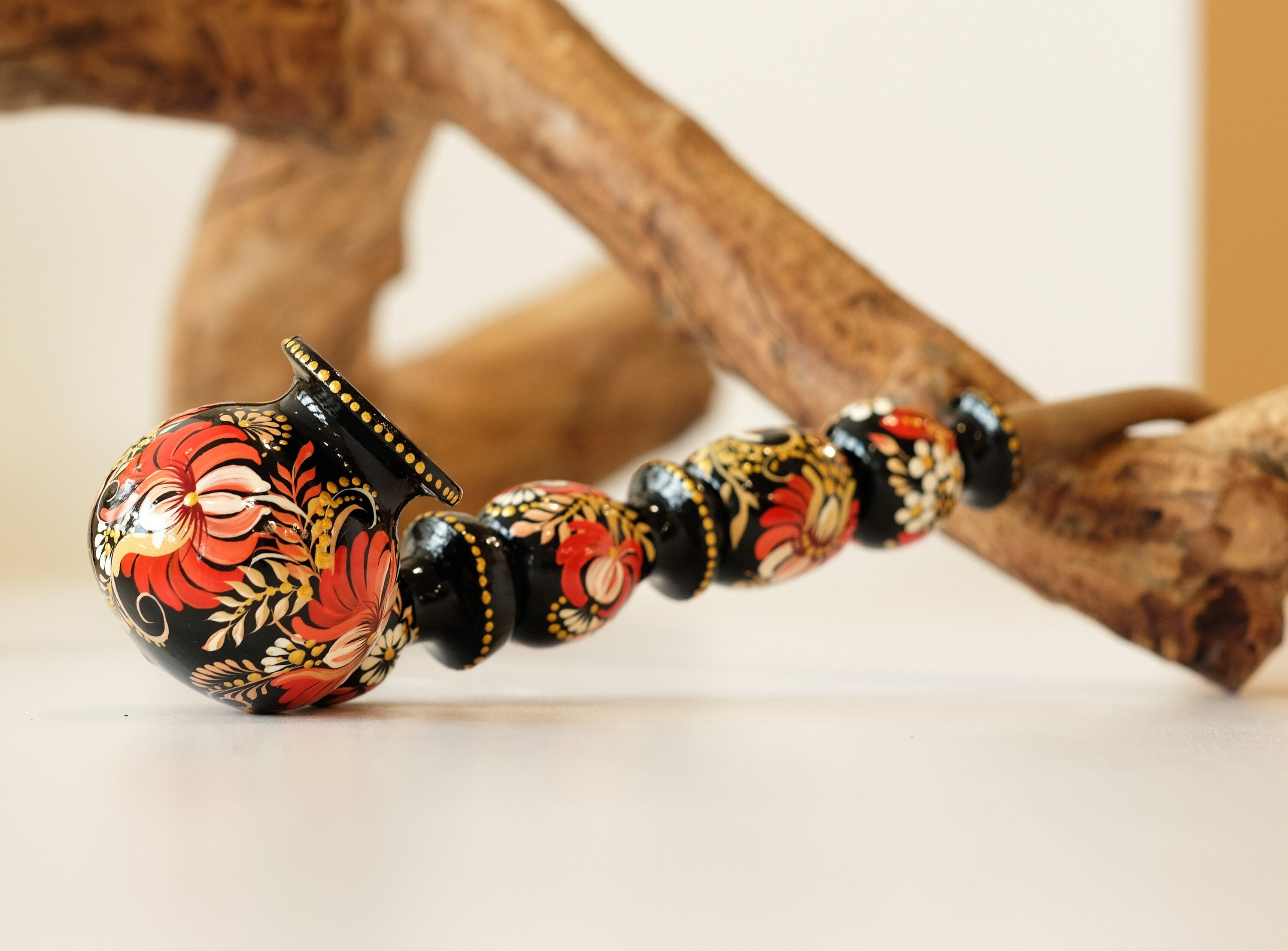 Long Wooden Smoking Pipe - Painted Red Flower Tobacco pipe with Ukrainian Folk Art Petrykivka