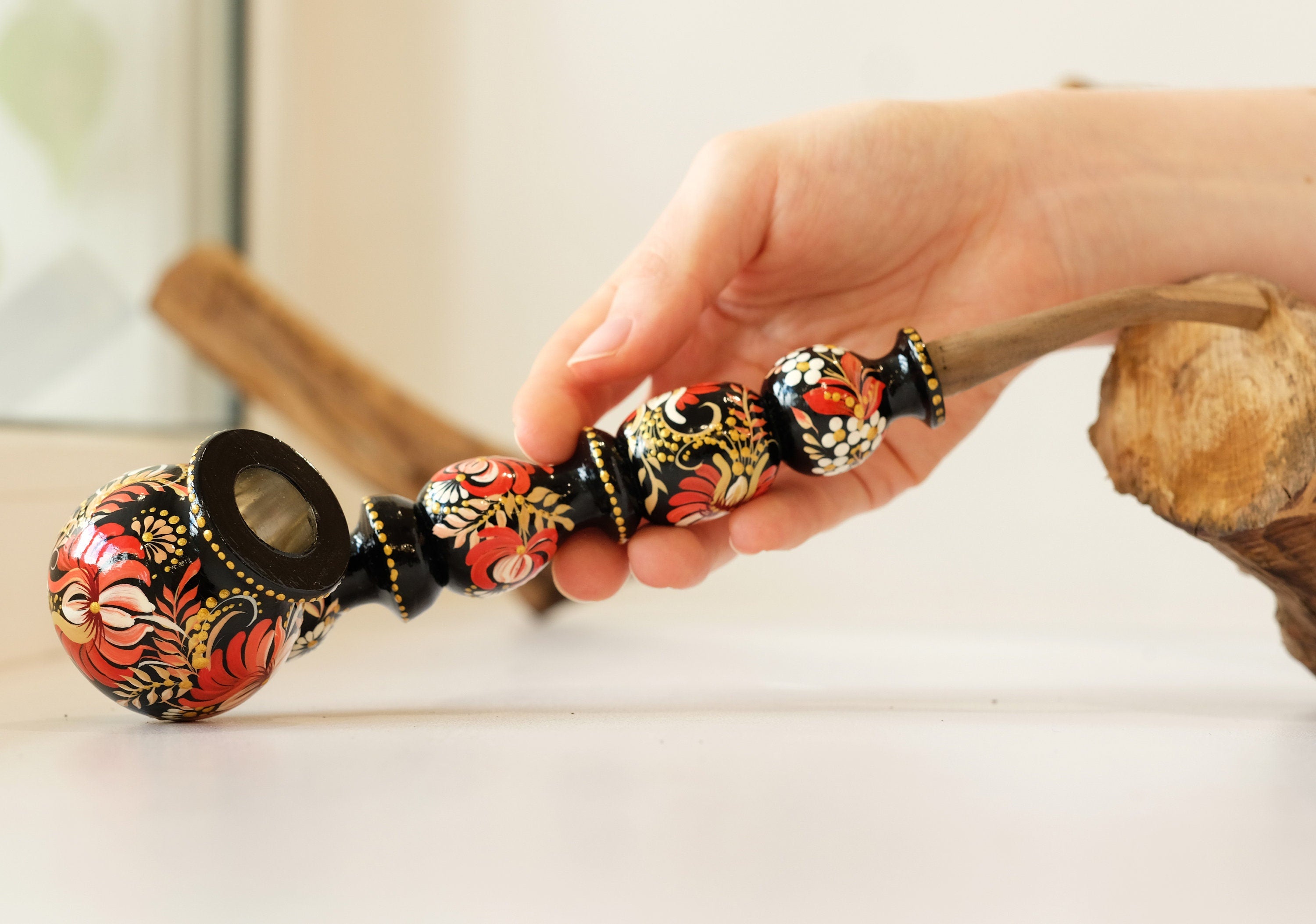 Long Wooden Smoking Pipe - Painted Red Flower Tobacco pipe with Ukrainian Folk Art Petrykivka