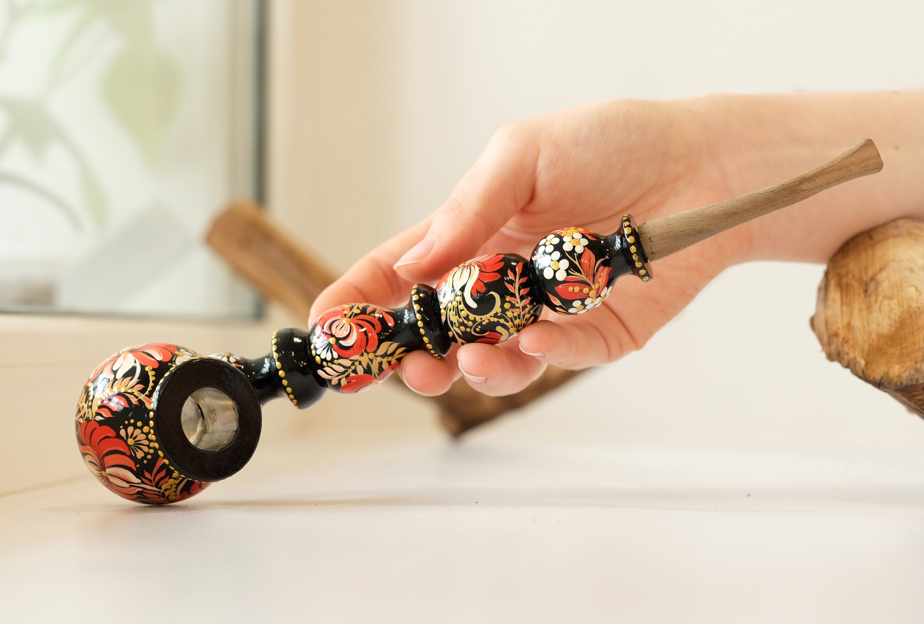 Long Wooden Smoking Pipe - Painted Red Flower Tobacco pipe with Ukrainian Folk Art Petrykivka