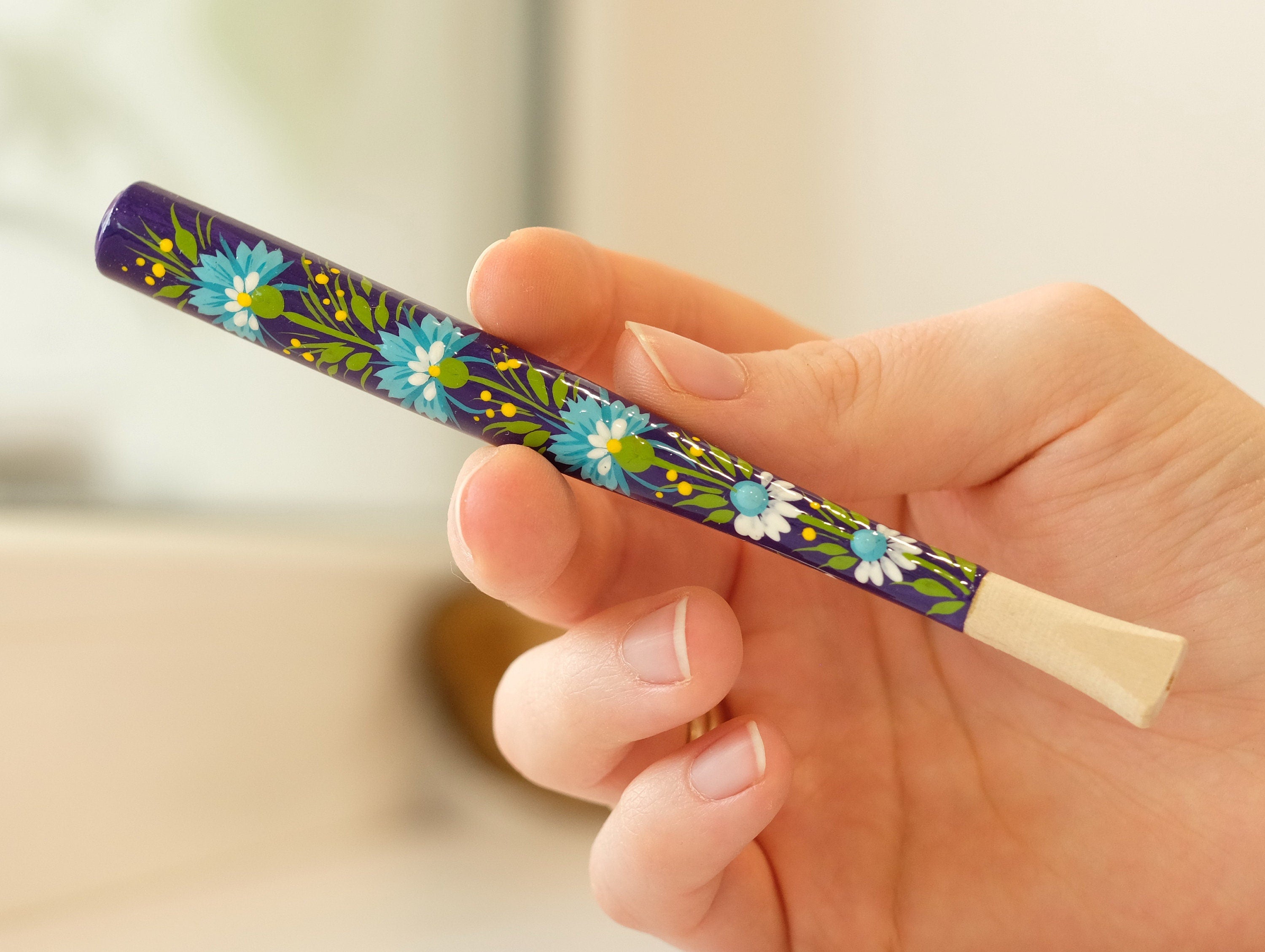 Painted Wooden Cigarette Holder - Regular & Slim - Purple Flower Mouthpiece with Ukrainian Folk Art Petrykivka