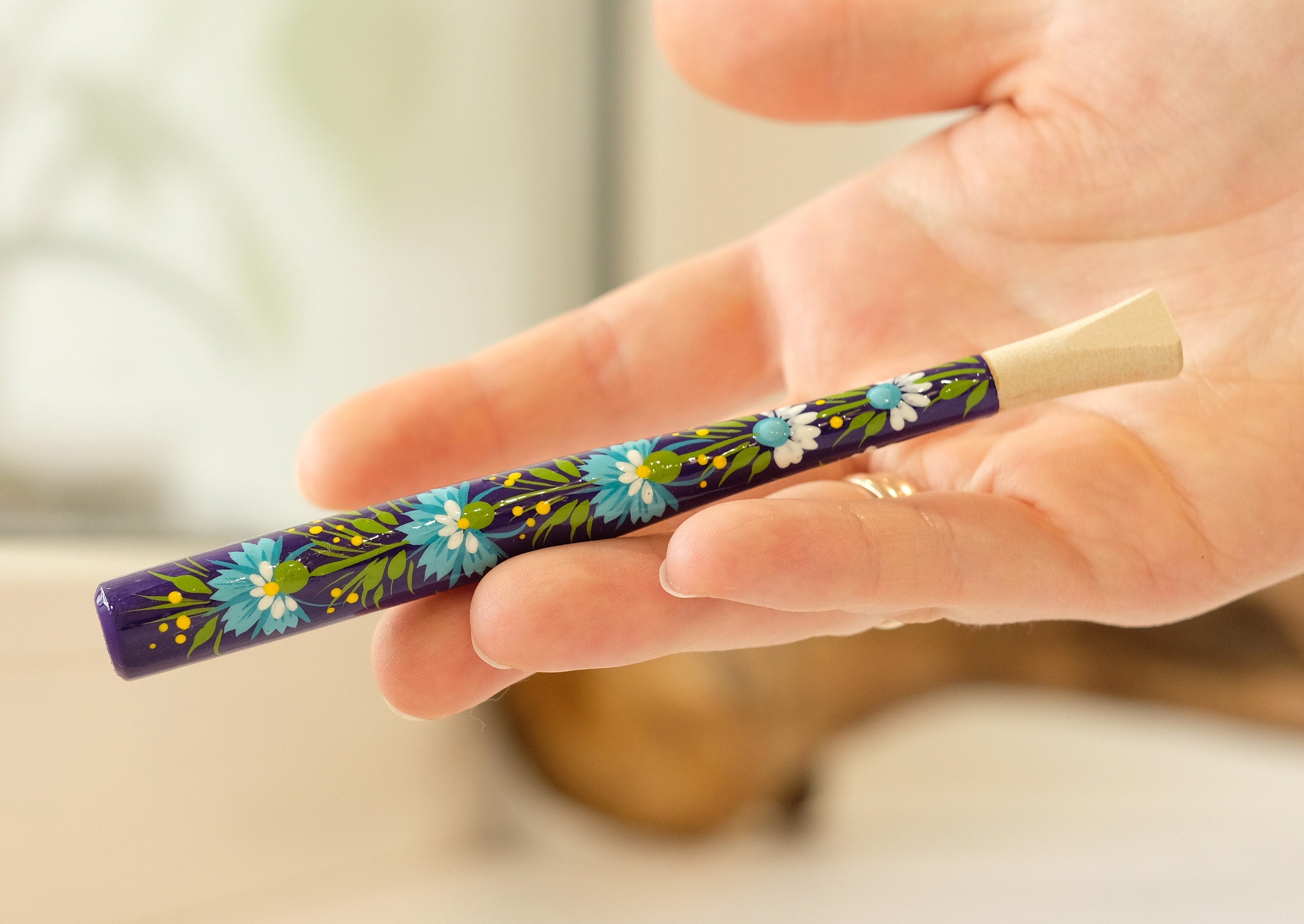 Painted Wooden Cigarette Holder - Regular & Slim - Purple Flower Mouthpiece with Ukrainian Folk Art Petrykivka